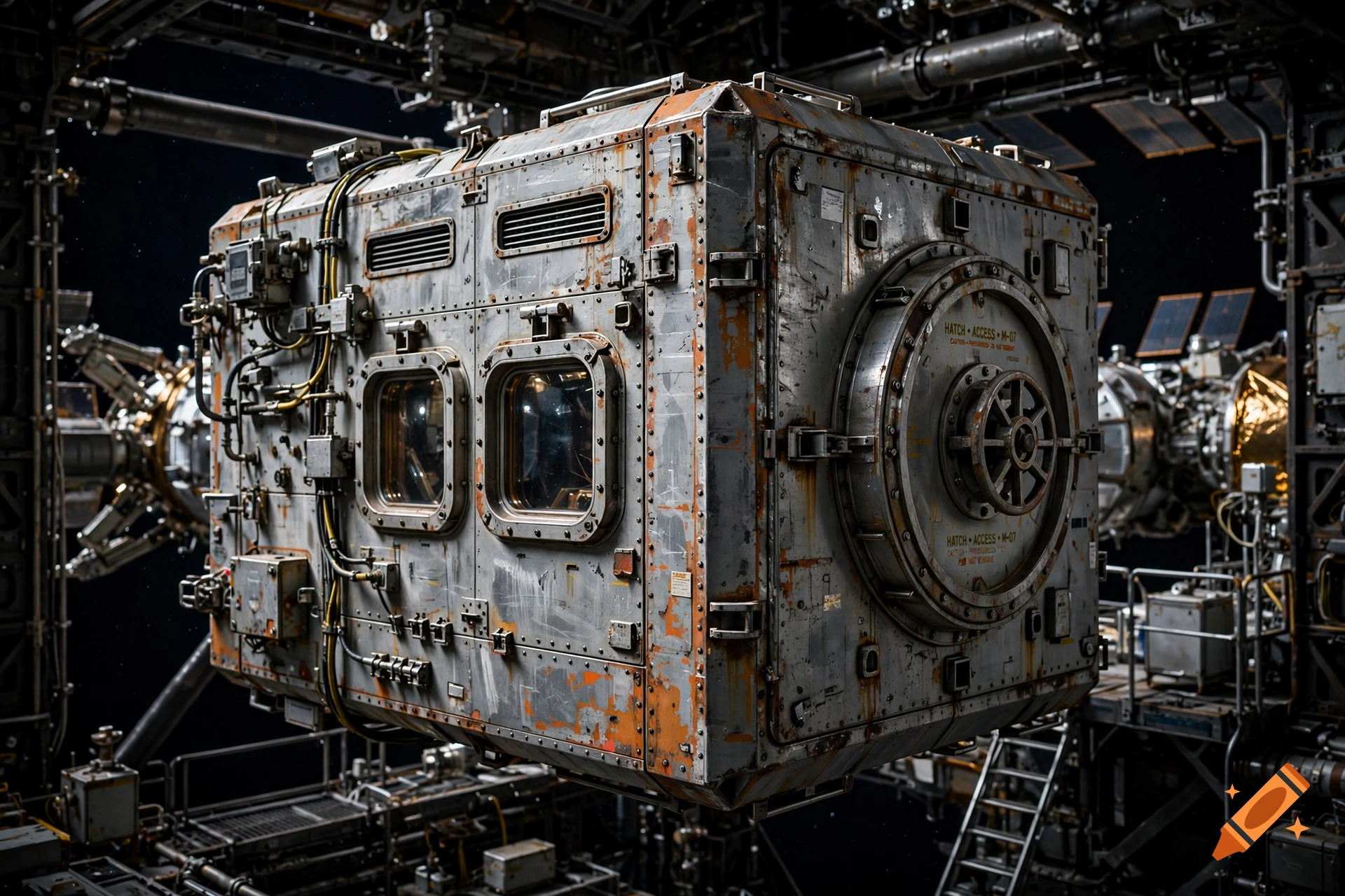 Photorealistic image of a rusty, box-shaped spaceship module in a space station interior.