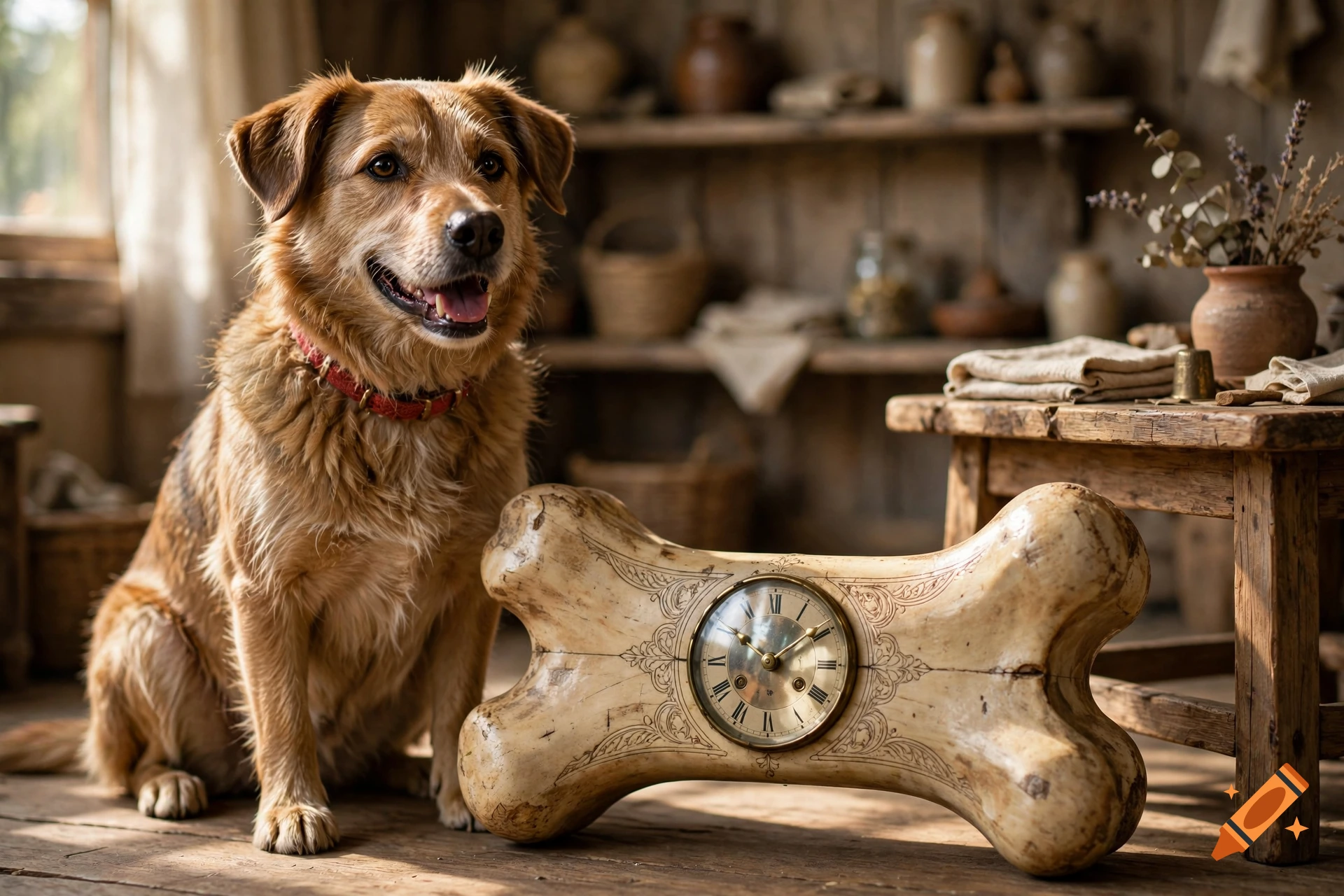 Photorealistic image of a brown dog sitting next to a large decorative bone-shaped clock with Roman numerals in a rustic wooden room.