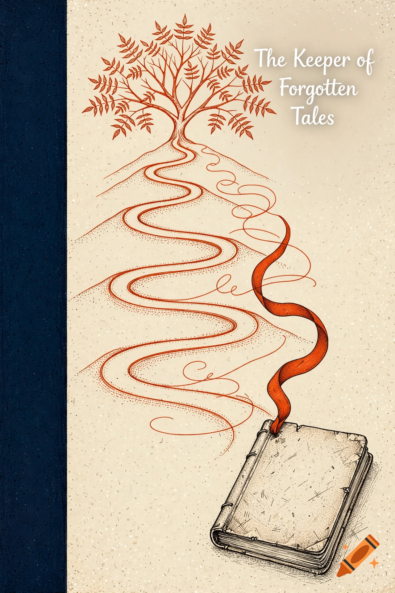 Minimalist graphic novel illustration of an old notebook with an orange ribbon transforming into a mountain road and tree, titled The Keeper of Forgotten Tales.