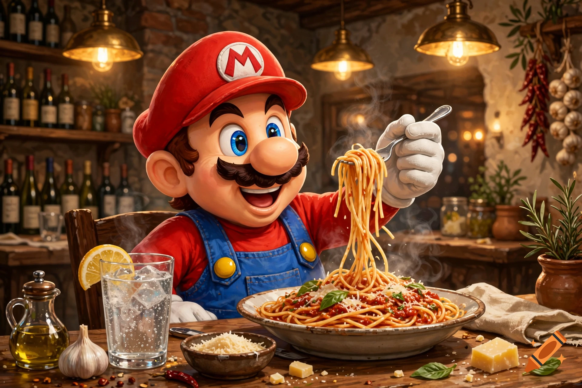 Mario wearing his red hat and overalls, enthusiastically eating a large bowl of spaghetti with tomato sauce in a cozy restaurant.