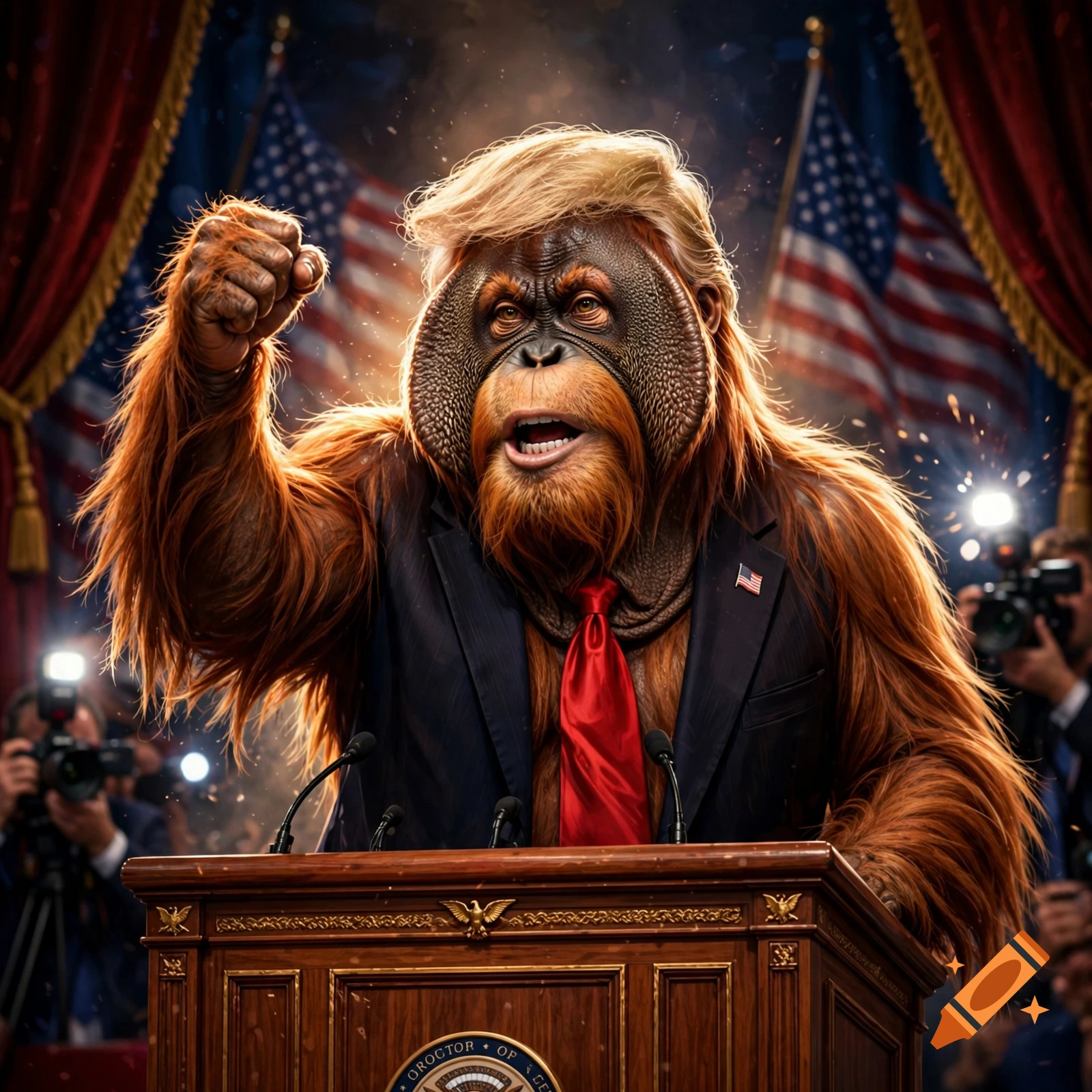 An orangutan with blonde hair wearing a blue suit and red tie stands behind a podium, gesturing with a raised fist, with American flags in the background.