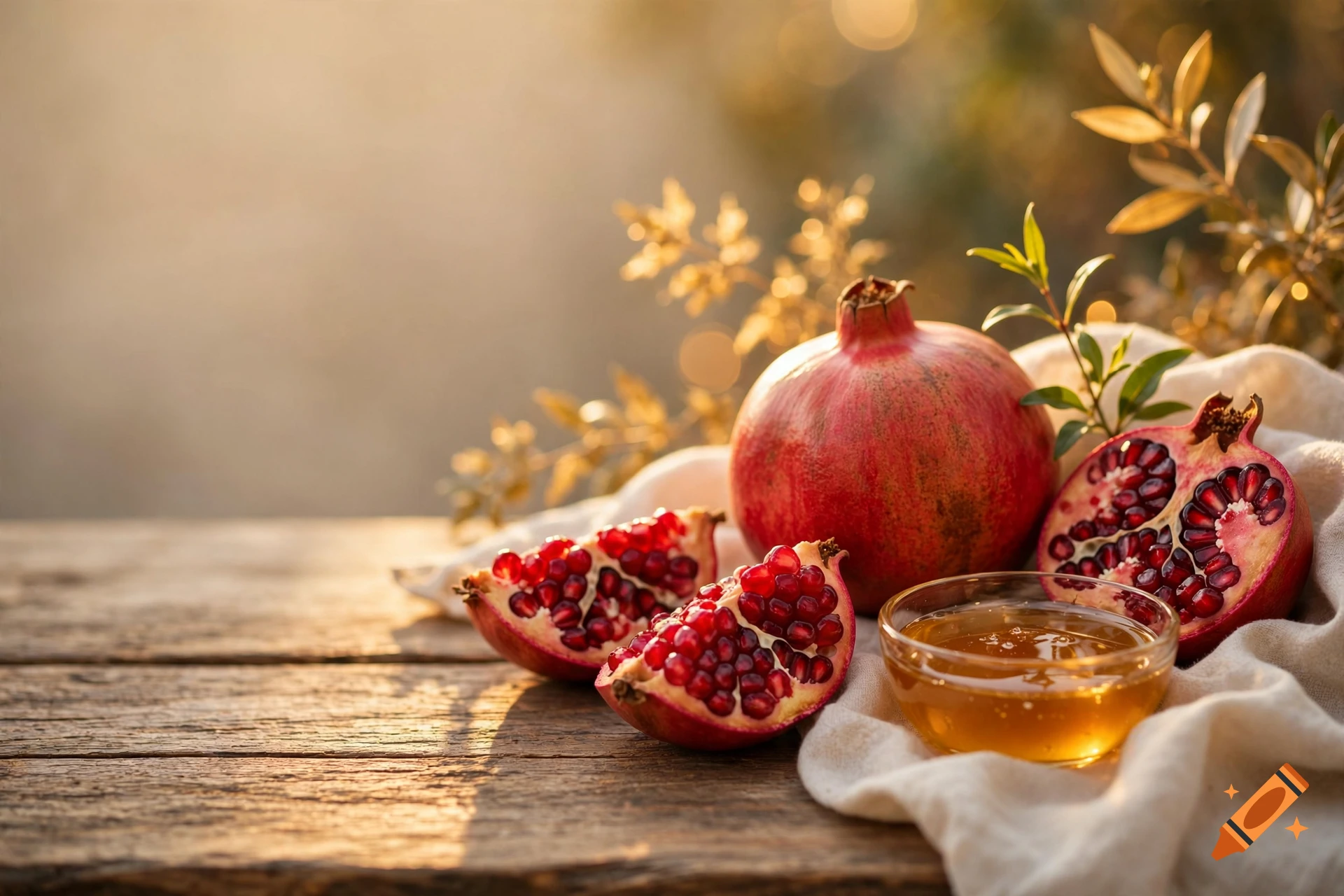 Photorealistic image of pomegranates, sliced pomegranate pieces, and a small glass bowl of honey on a rustic wooden table with soft lighting.