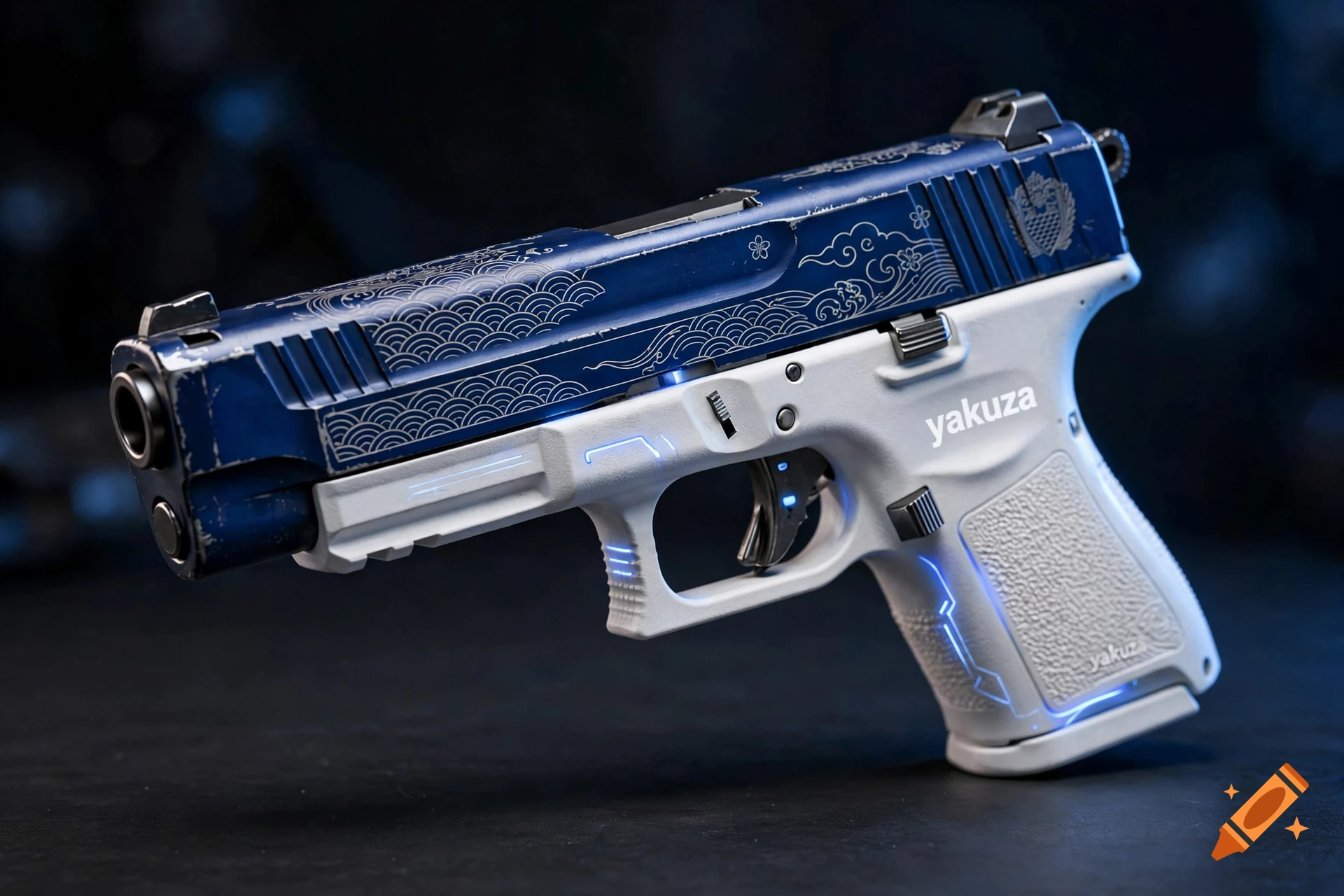 Close-up photorealistic shot of a futuristic blue and white handgun with Japanese wave engravings and the word yakuza on the side.