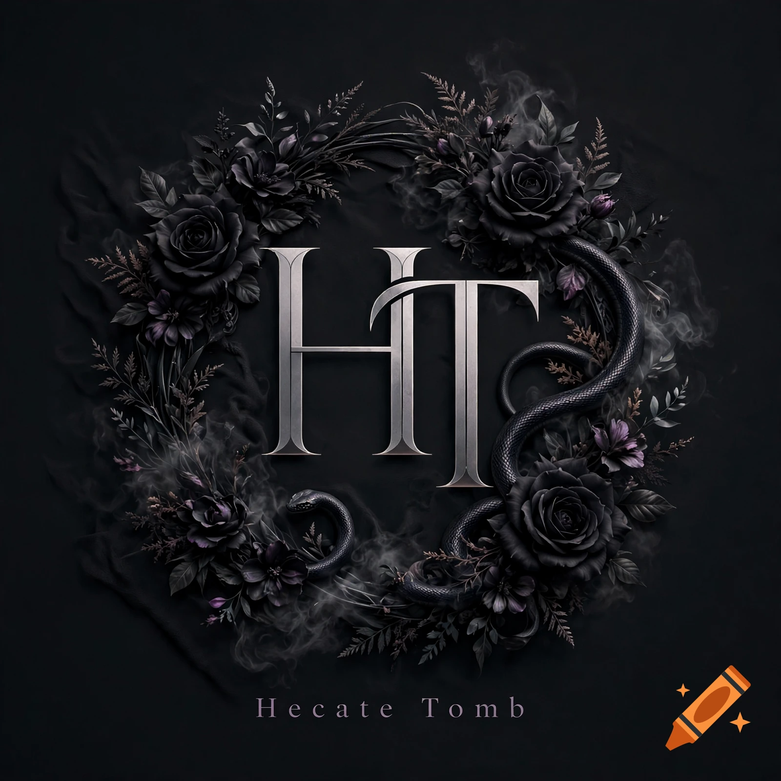 Monogram logo HT with intertwined serif letters surrounded by black roses, dark foliage, and a snake in dark fantasy style.