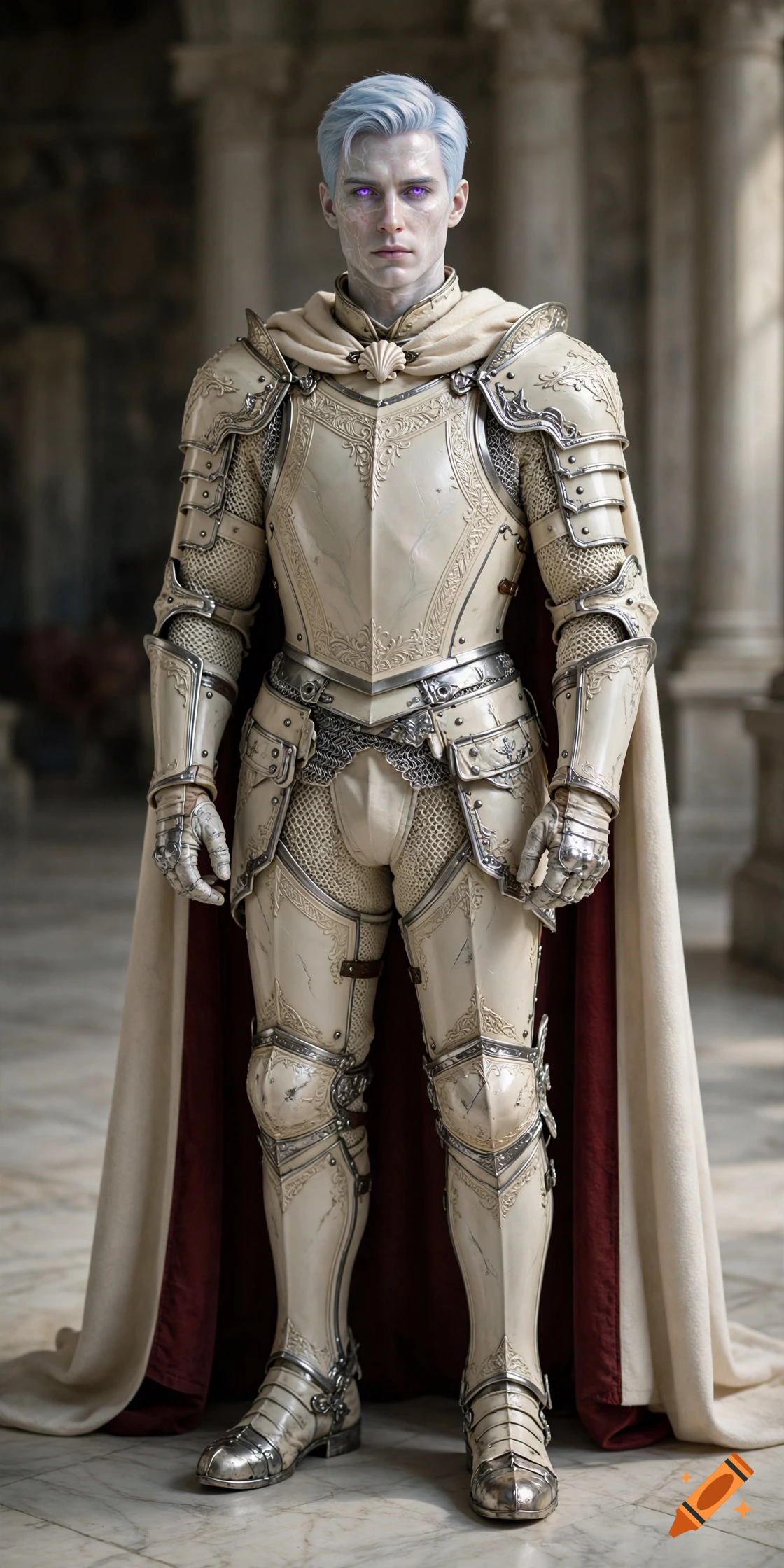 Photorealistic full-body portrait of a male fantasy knight with pearly white skin, purple eyes, and intricate cream and silver armor.