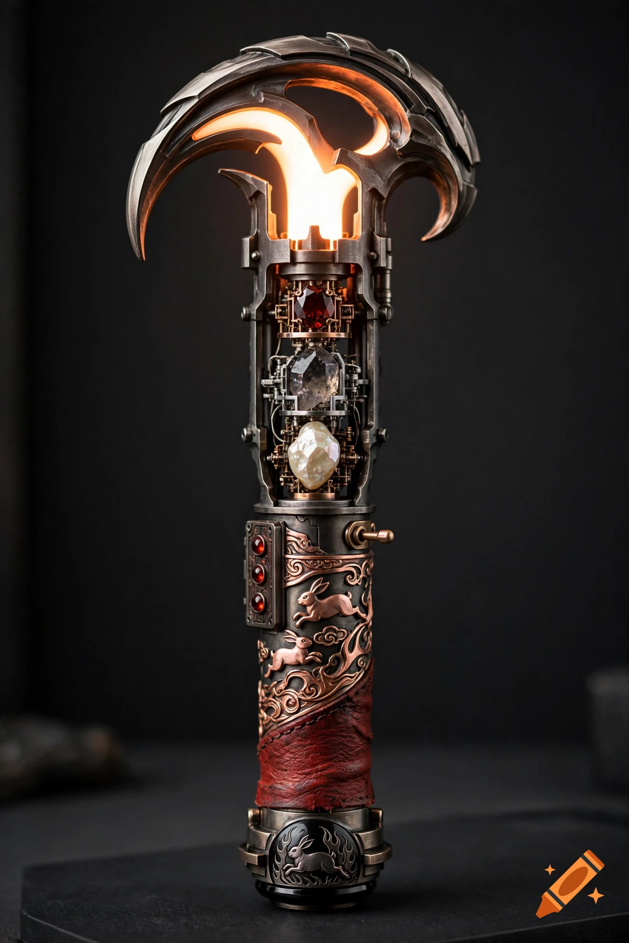 Detailed lightsaber hilt with dark tungsten steel, intricate rose gold rabbit engravings, crimson leather wrap, and glowing orange flame emitter.