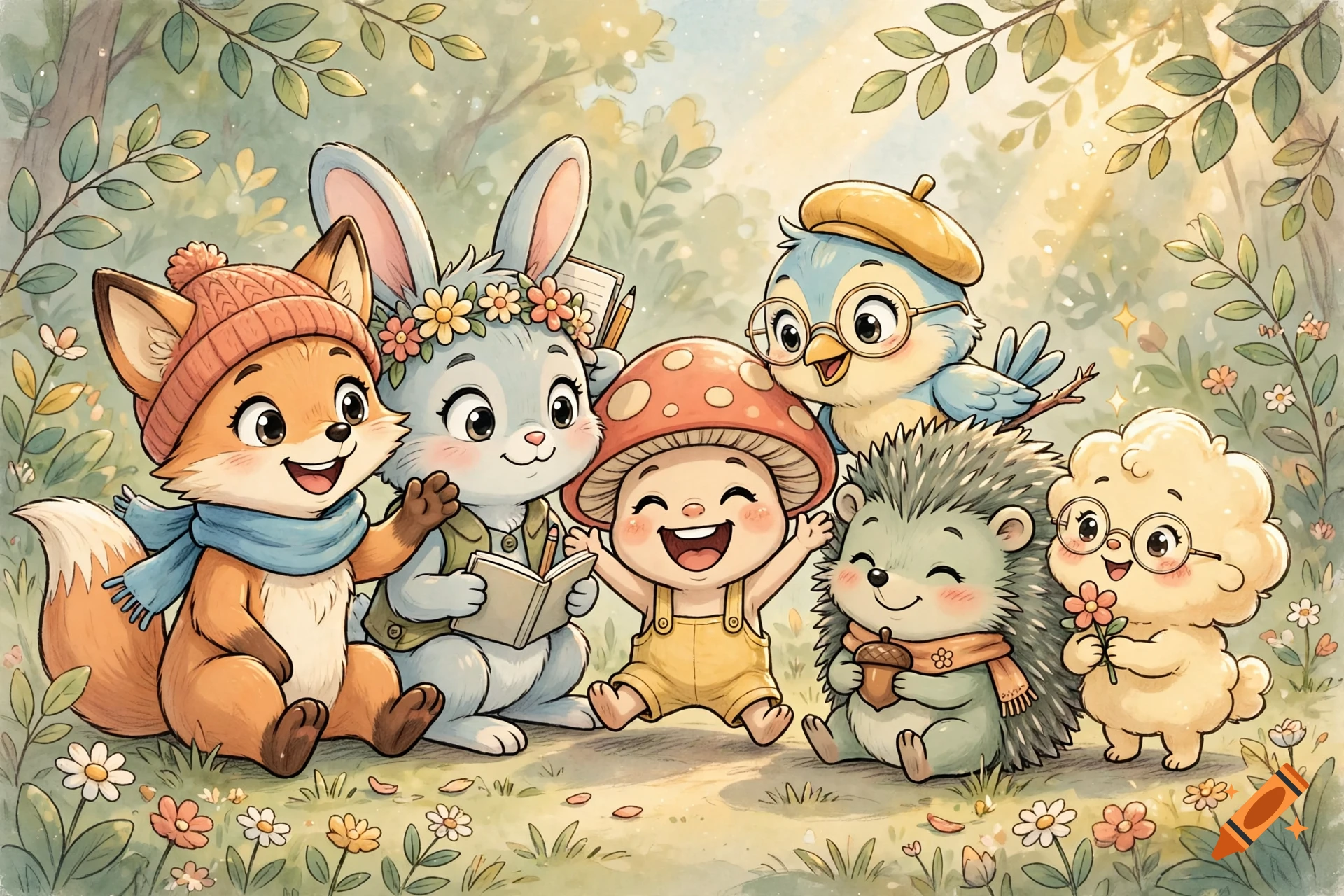 Cute cartoon animals including a fox, rabbit, mushroom character, bird, hedgehog, and sheep in a sunny forest, watercolor style.