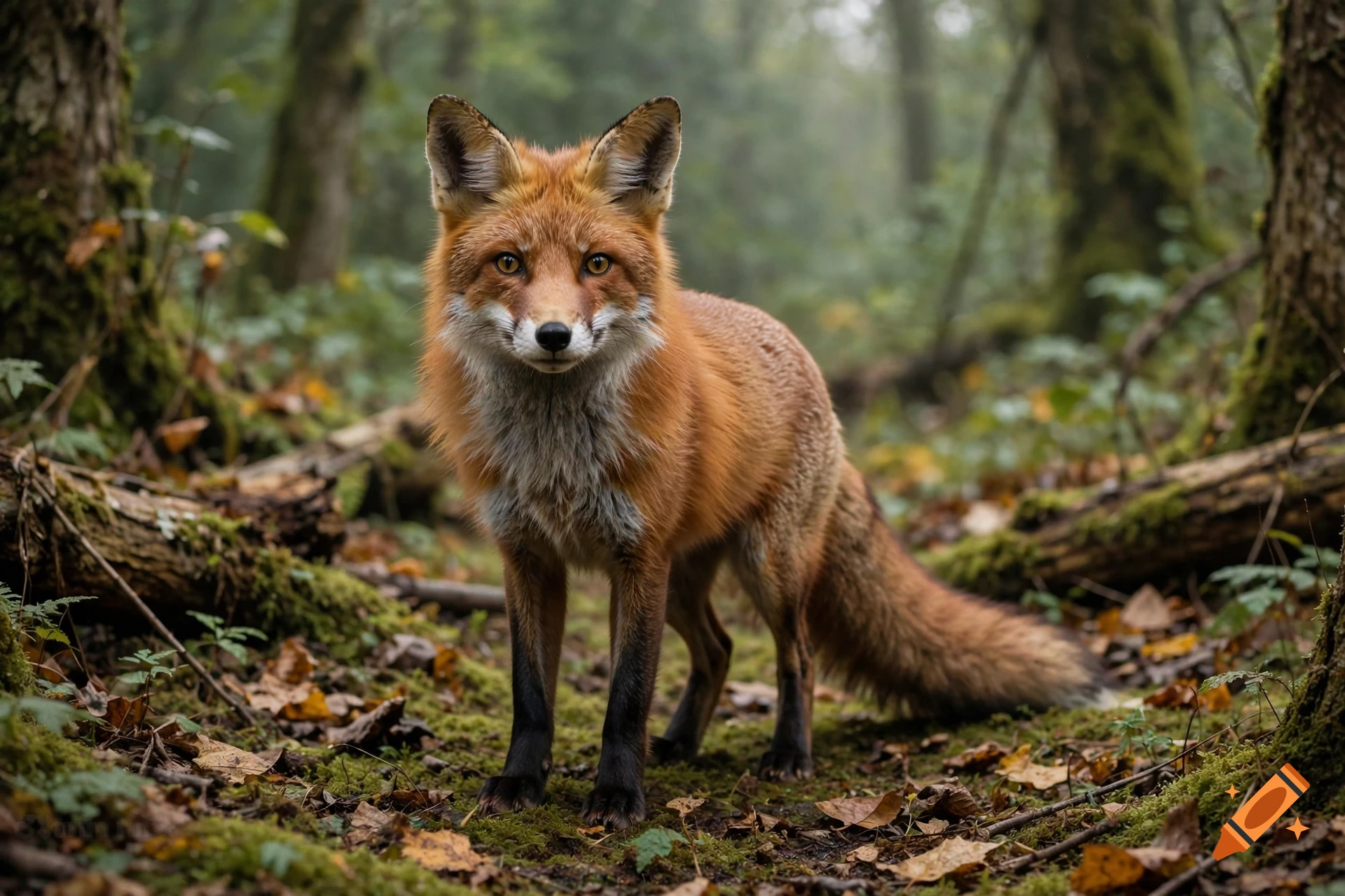 Photorealistic red fox standing in a misty green forest among fallen leaves and moss.