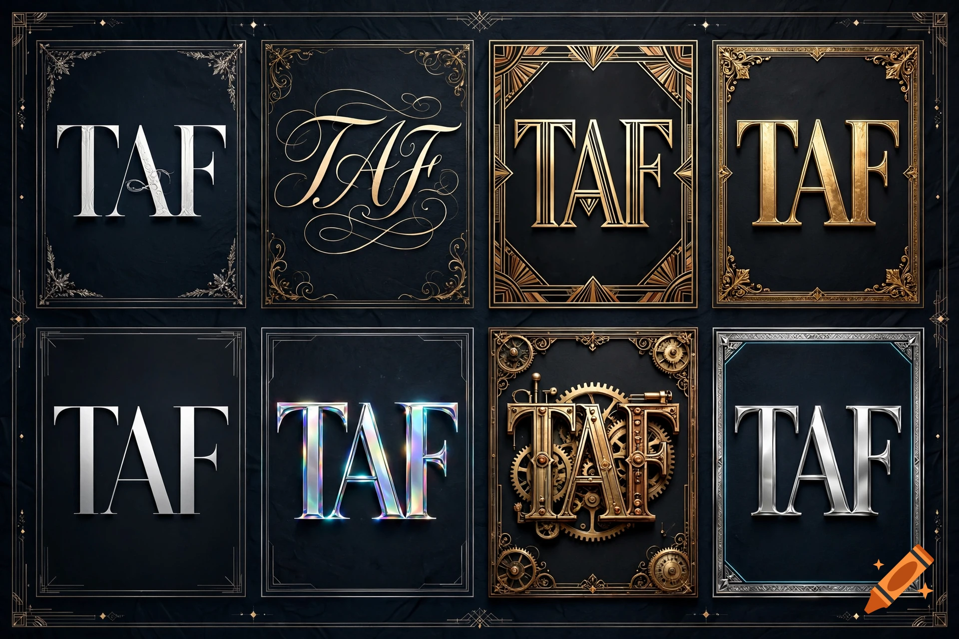 An array of eight stylized typographic designs displaying the letters TAF in various fonts, styles, and gold and silver metallic finishes.