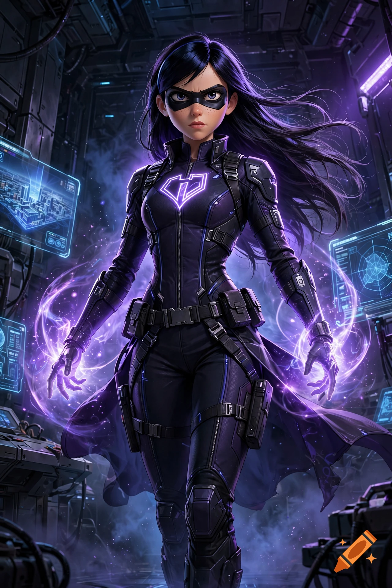 Violet from The Incredibles in a tactical purple suit with glowing energy, standing in a futuristic command center.