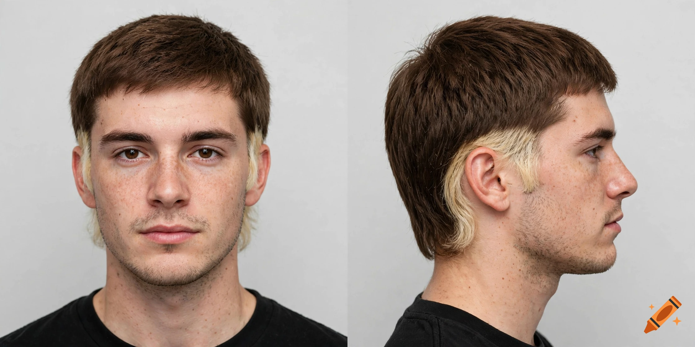 Photorealistic front and side profile views of a young man with a brown mullet featuring bleached sides, against a plain grey background.