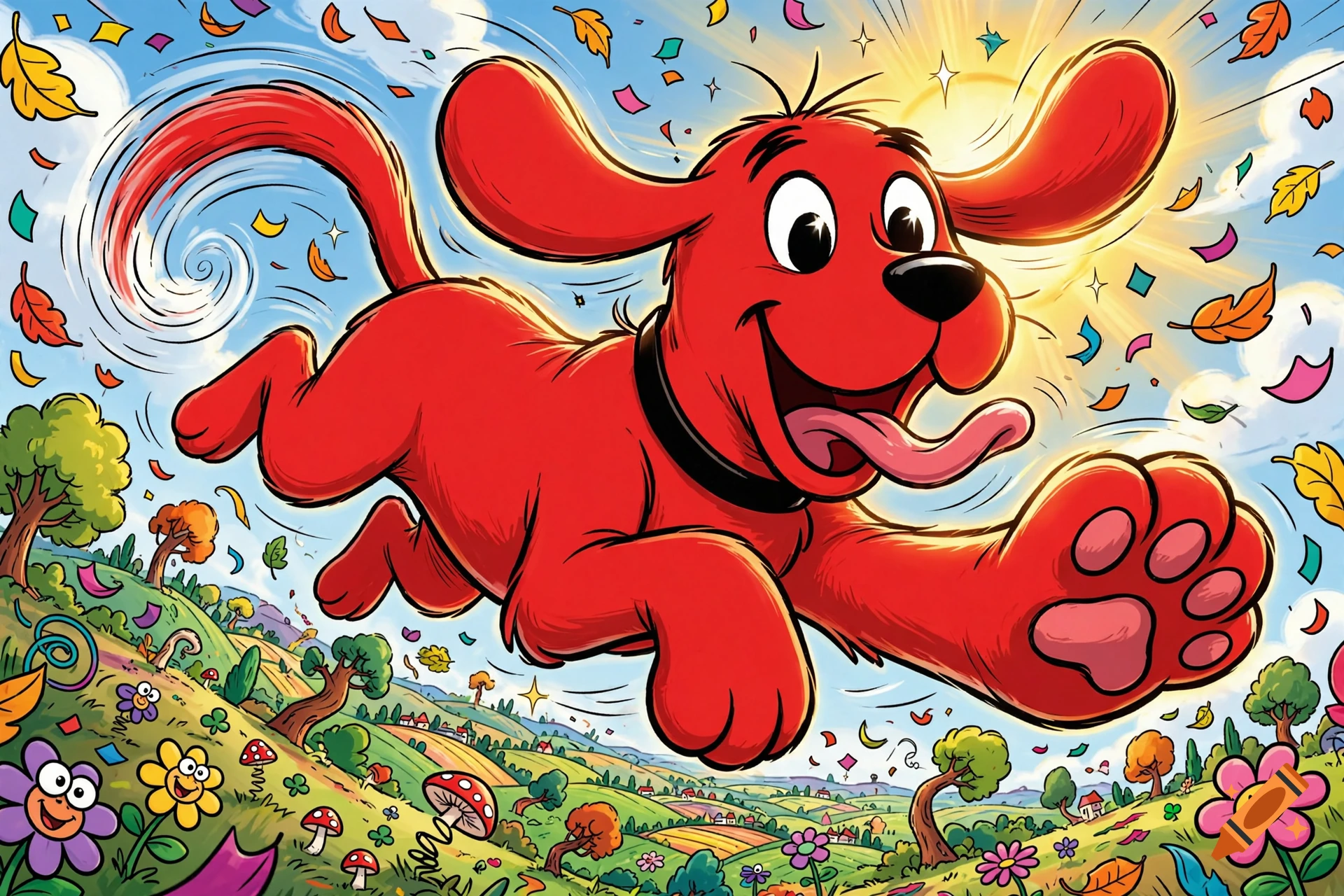 Clifford the Big Red Dog running happily through a whimsical cartoon landscape with rolling hills, flowers, and confetti.