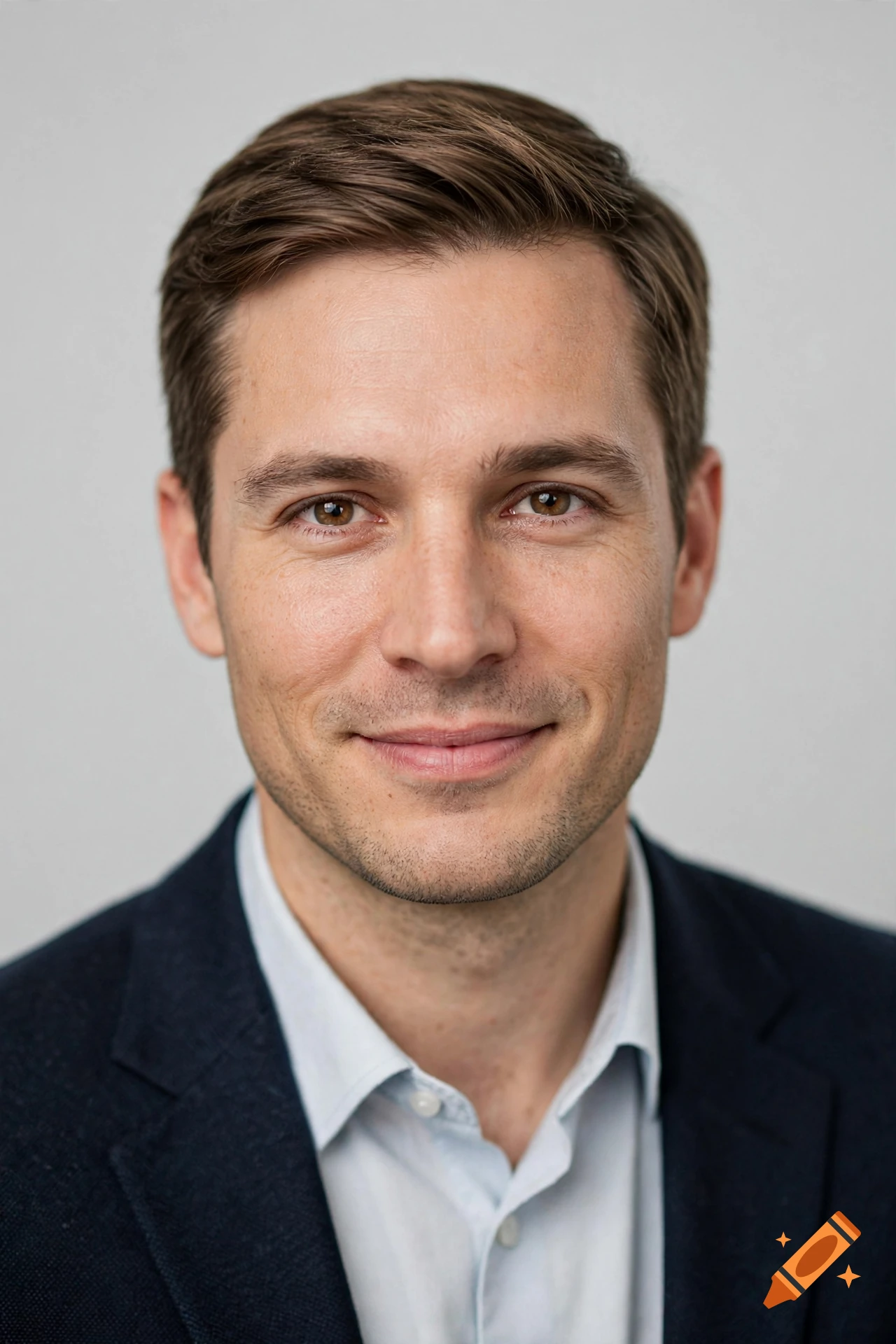 Photorealistic headshot of a smiling man in a business suit against a plain background