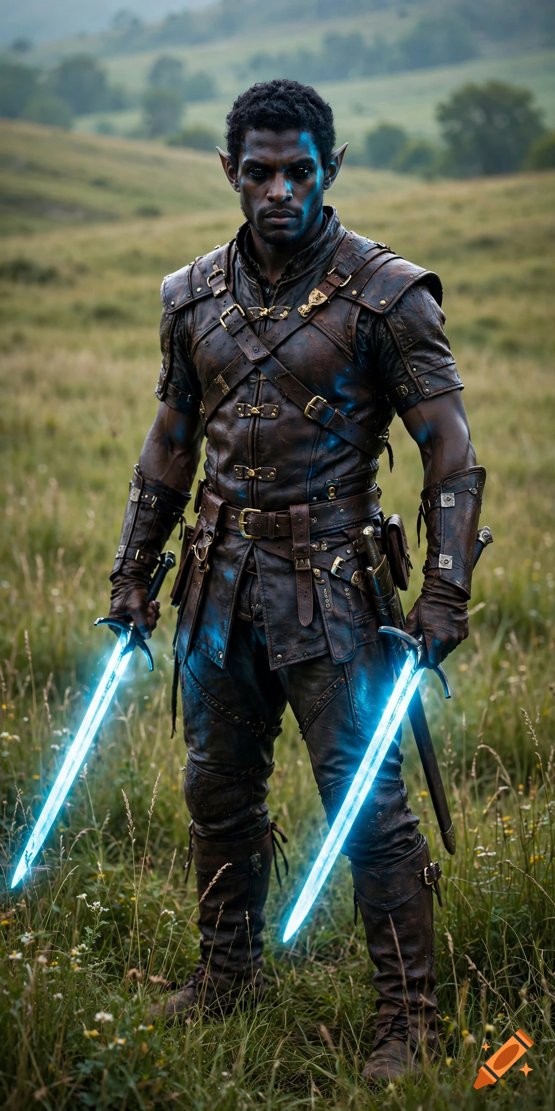 Photorealistic image of a male elf with dark skin, pointy ears, black eyes, wearing leather armor, and holding two glowing blue swords in a grassy field.