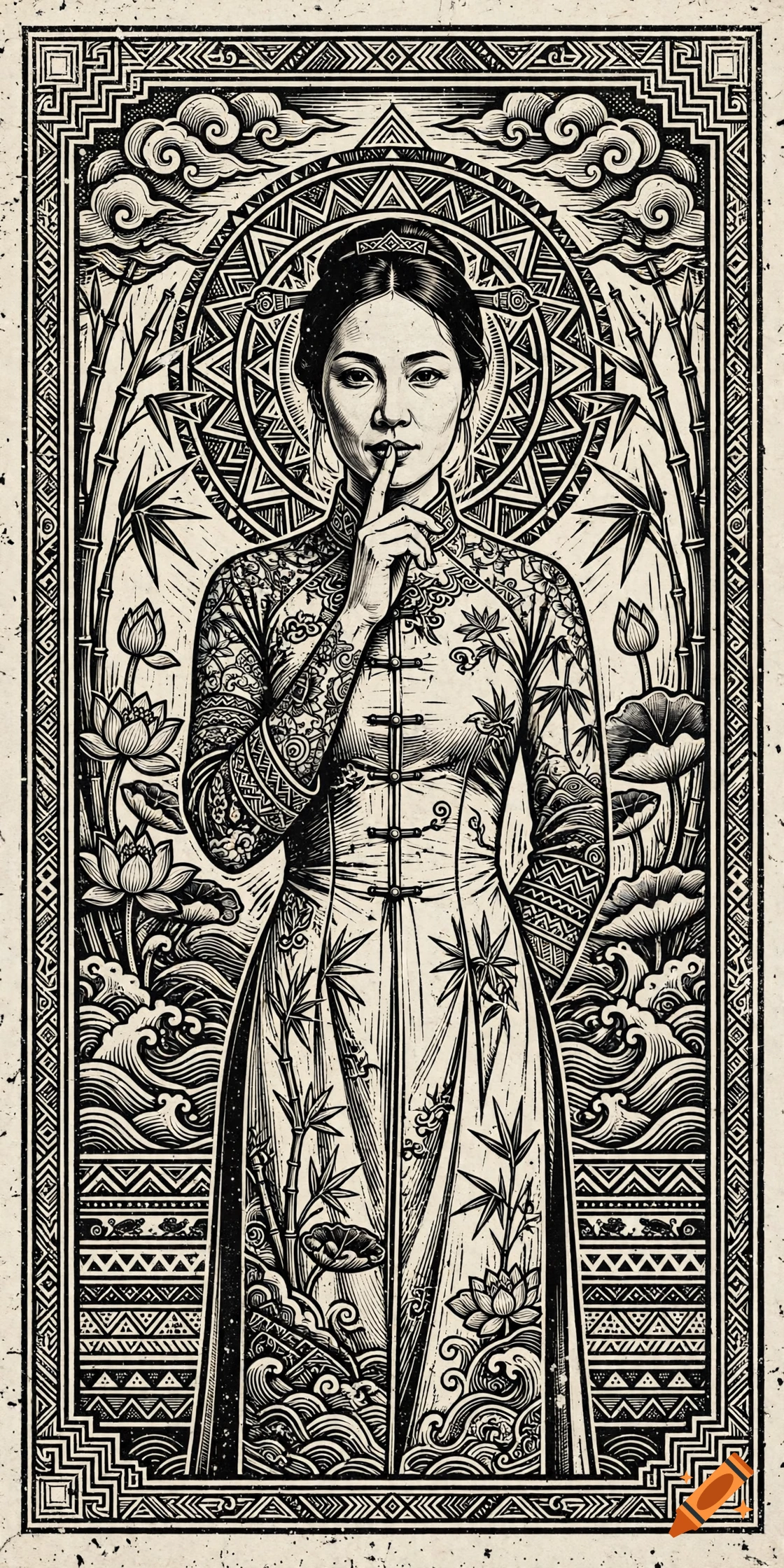 Detailed linocut illustration of a Vietnamese woman with a tattooed body in a traditional dress holding a finger to her lips.
