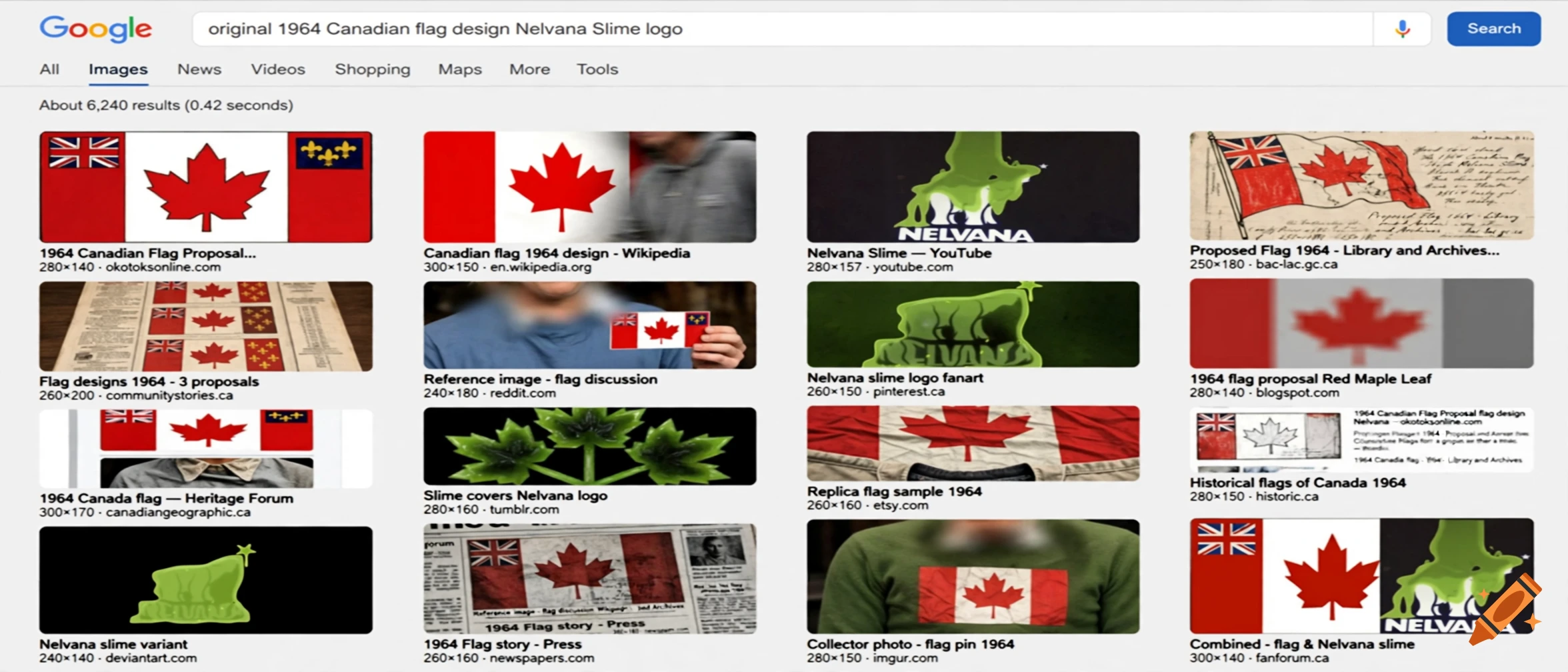 A mock Google image search results page showing the 1964 Canadian flag proposal and Nelvana Slime logo.