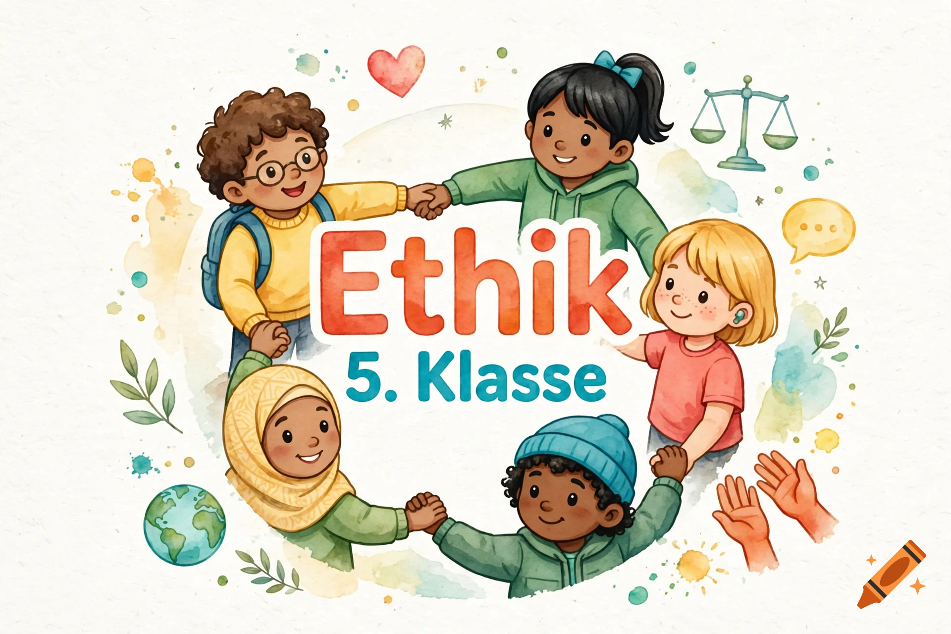 Watercolor illustration of diverse children holding hands in a circle with the text Ethik 5. Klasse in the center.