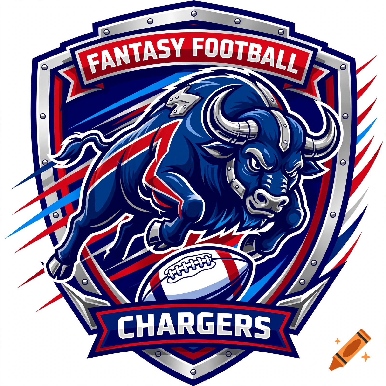 Fantasy football logo featuring a charging blue bull with a football and a shield design.