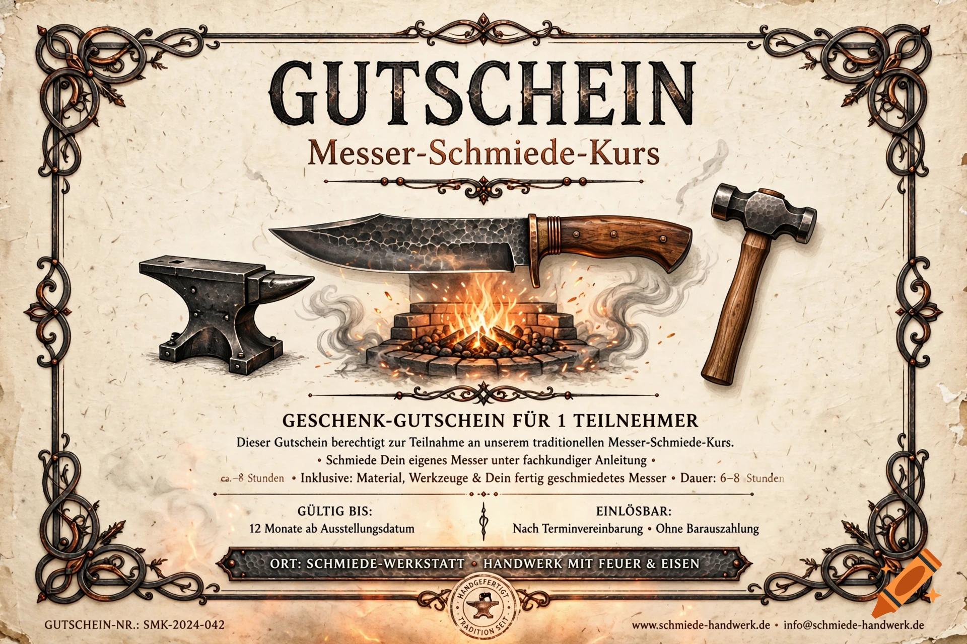 A decorative voucher for a knife-smidging course featuring a large knife, anvil, hammer, and fire, in a vintage graphic style.