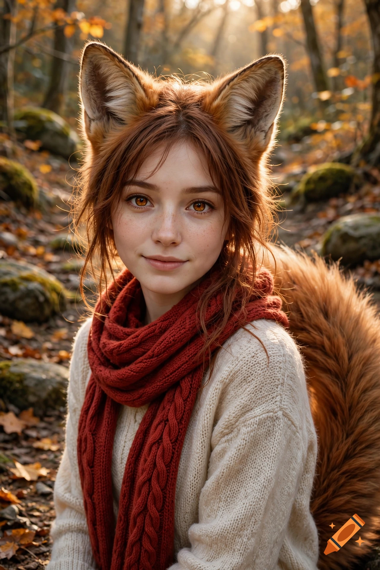 Photorealistic portrait of a cute fox girl with large furry ears, amber eyes, and a red scarf in an autumn forest.