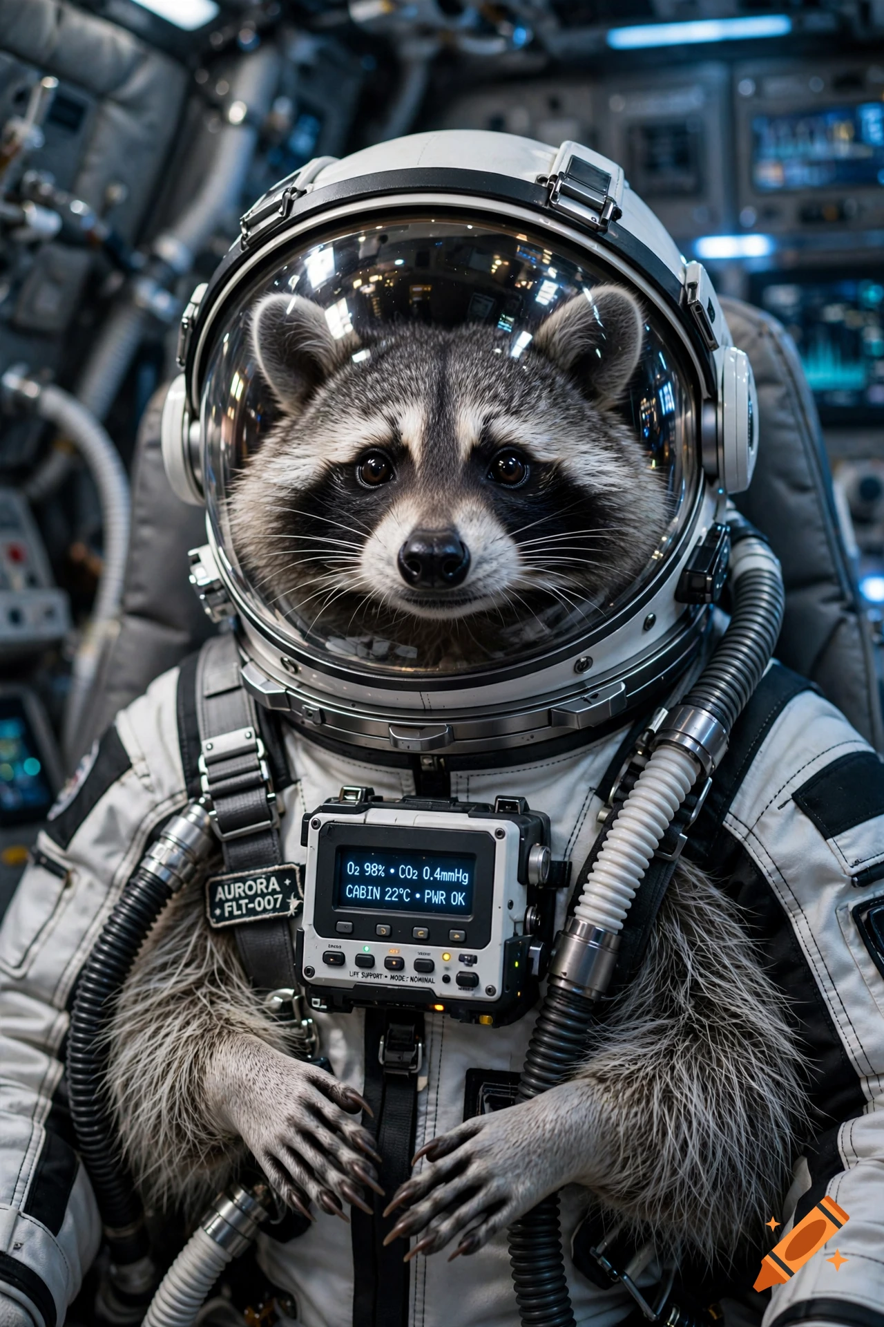 A raccoon wearing an astronaut suit sits inside a spacecraft cabin, looking directly at the camera.