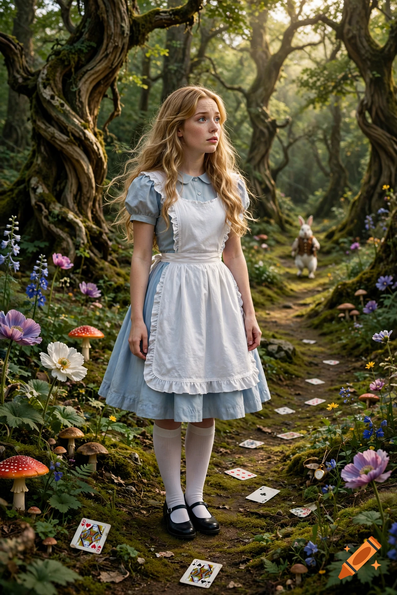 Photorealistic scene of Alice from Alice in Wonderland standing in a magical forest path surrounded by flowers, playing cards, and a white rabbit in the background.
