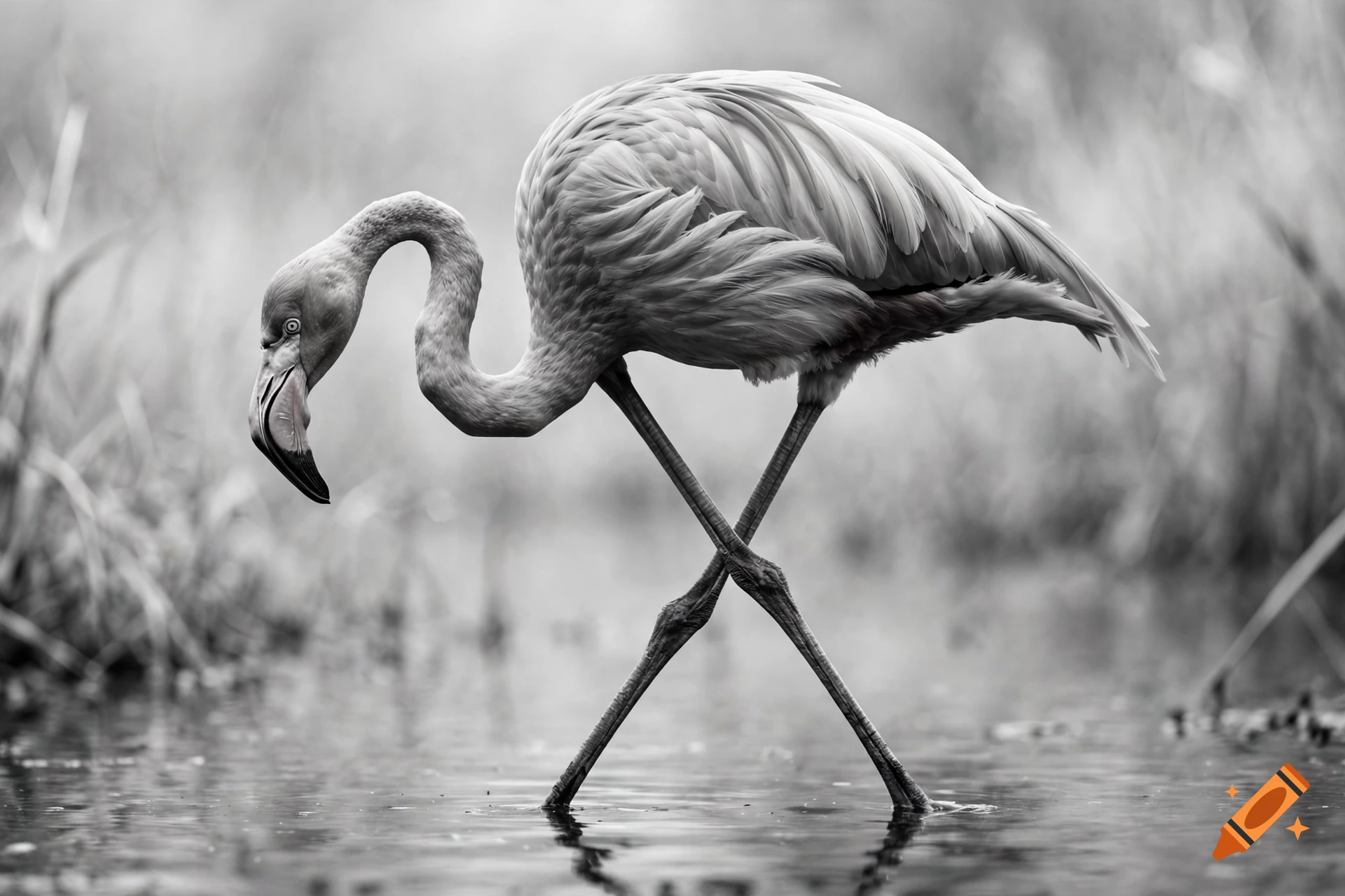 Black and white photograph of a flamingo standing in water with its legs crossed.