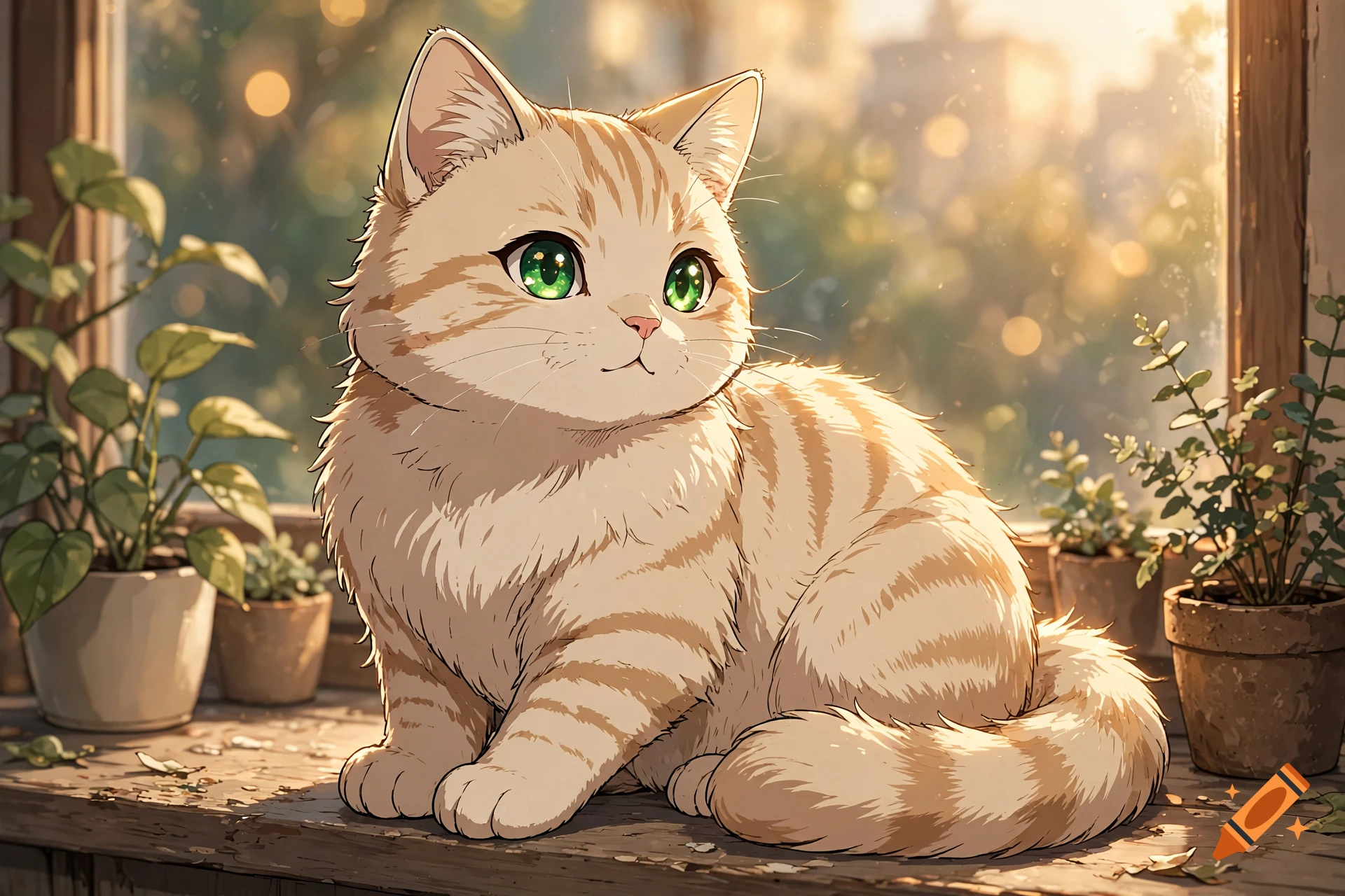 An anime-style fluffy orange tabby cat with vibrant green eyes sits on a wooden windowsill surrounded by potted plants.