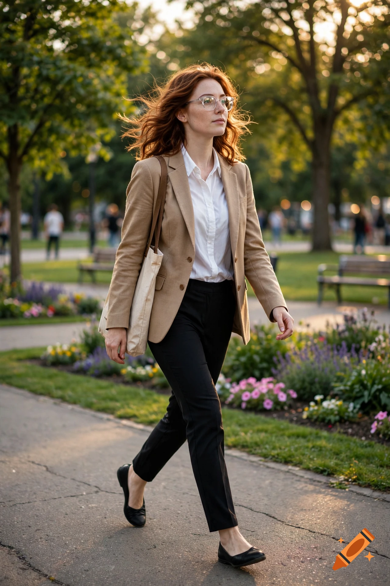 Photorealistic image of a young woman with auburn hair walking in a park, wearing a tan blazer, white button-up, and black slacks.