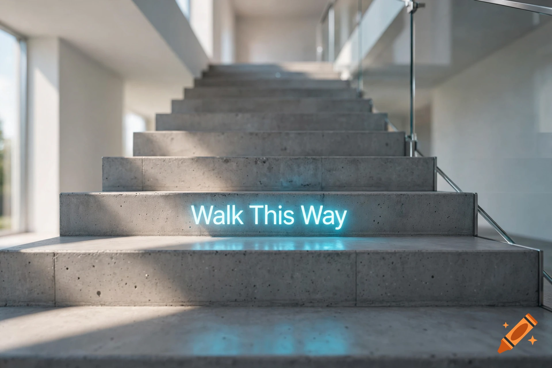 Photorealistic modern concrete staircase with a glowing blue neon sign reading 'Walk This Way' embedded into a step.