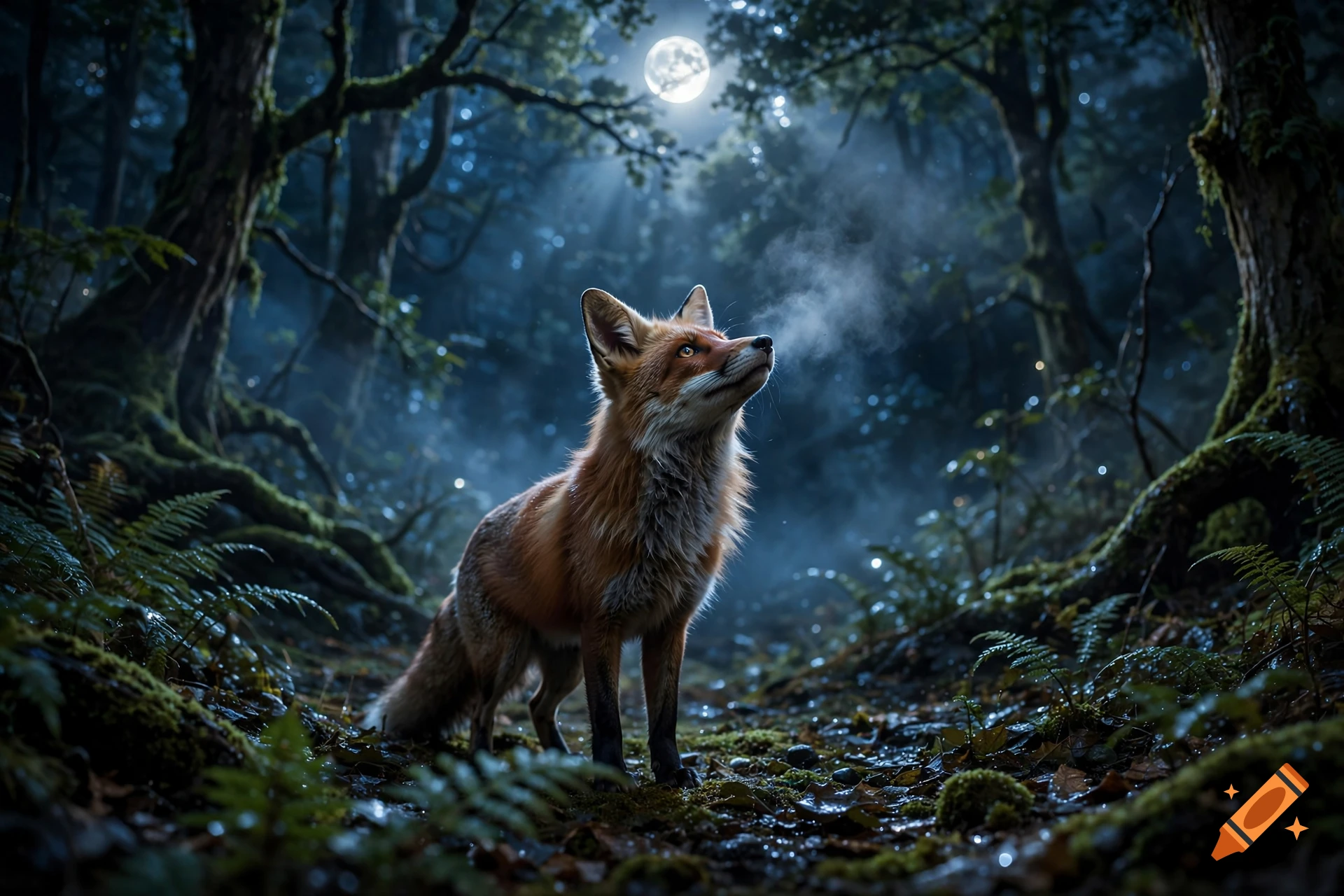 Photorealistic image of a red fox standing in a misty, moonlit forest, breathing with visible vapor.