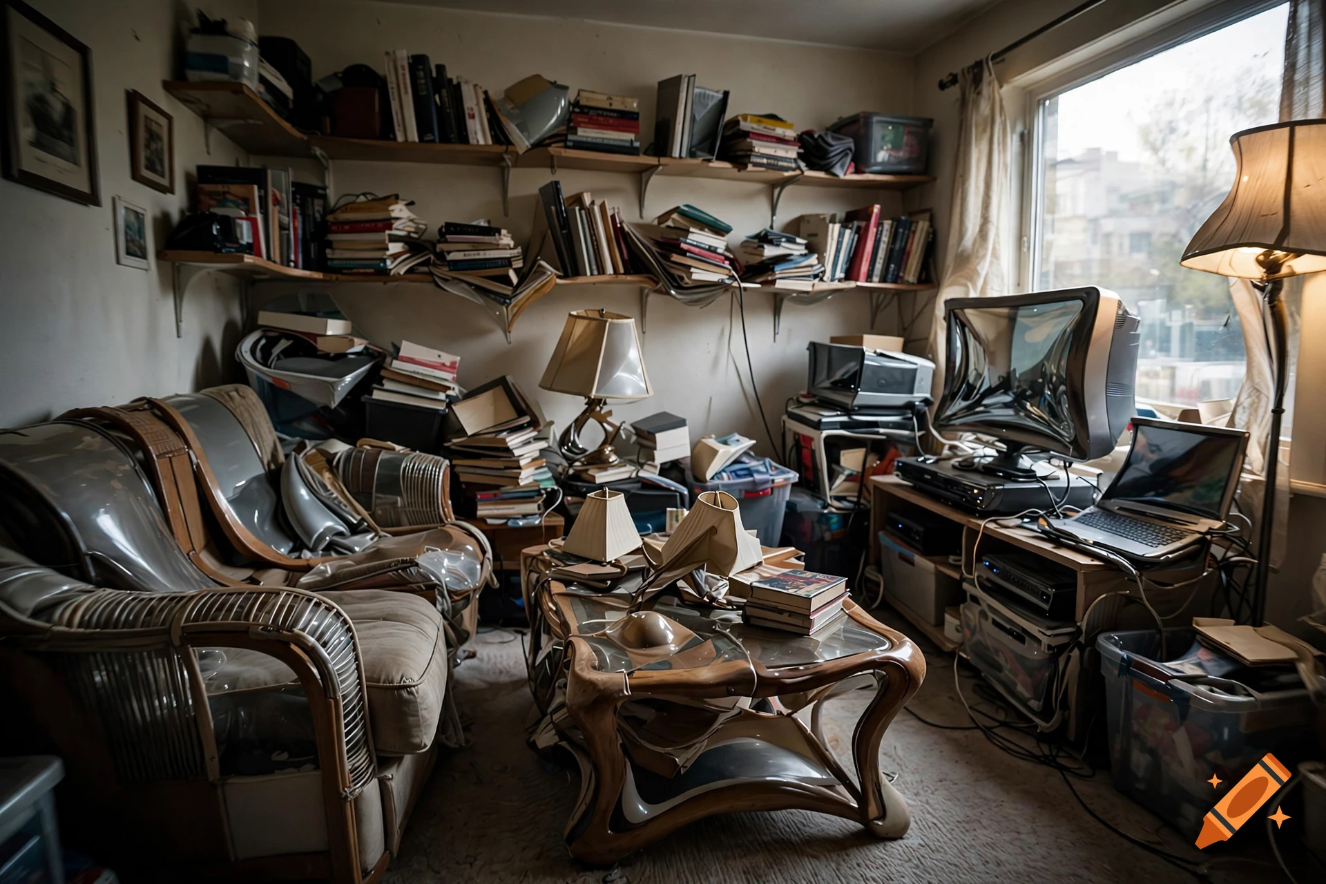 Surreal photorealistic smartphone photo of a cluttered living room with distorted, impossible domestic objects and furniture.
