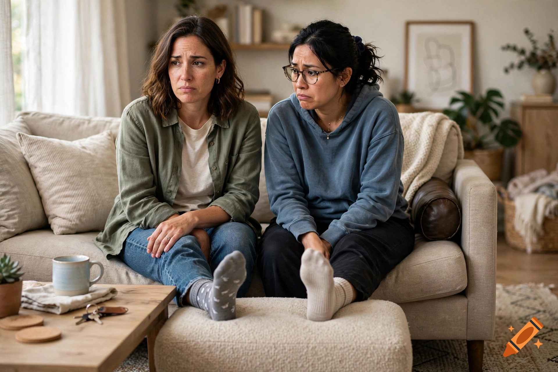 Photorealistic image of two women sitting on a sofa, looking uncomfortable with their feet propped up on an ottoman.