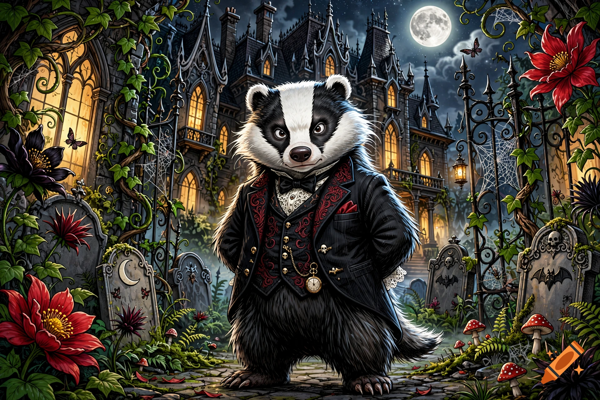 An anthropomorphic badger dressed in a Victorian tuxedo stands in a moonlit graveyard before a gothic mansion.