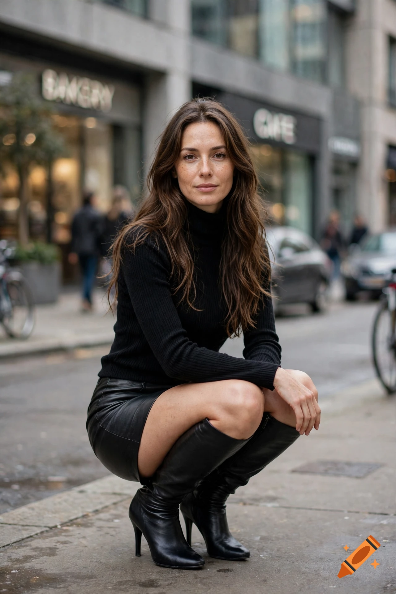 Photorealistic portrait of a young brunette woman crouching on a city sidewalk, wearing a black turtleneck and leather skirt.