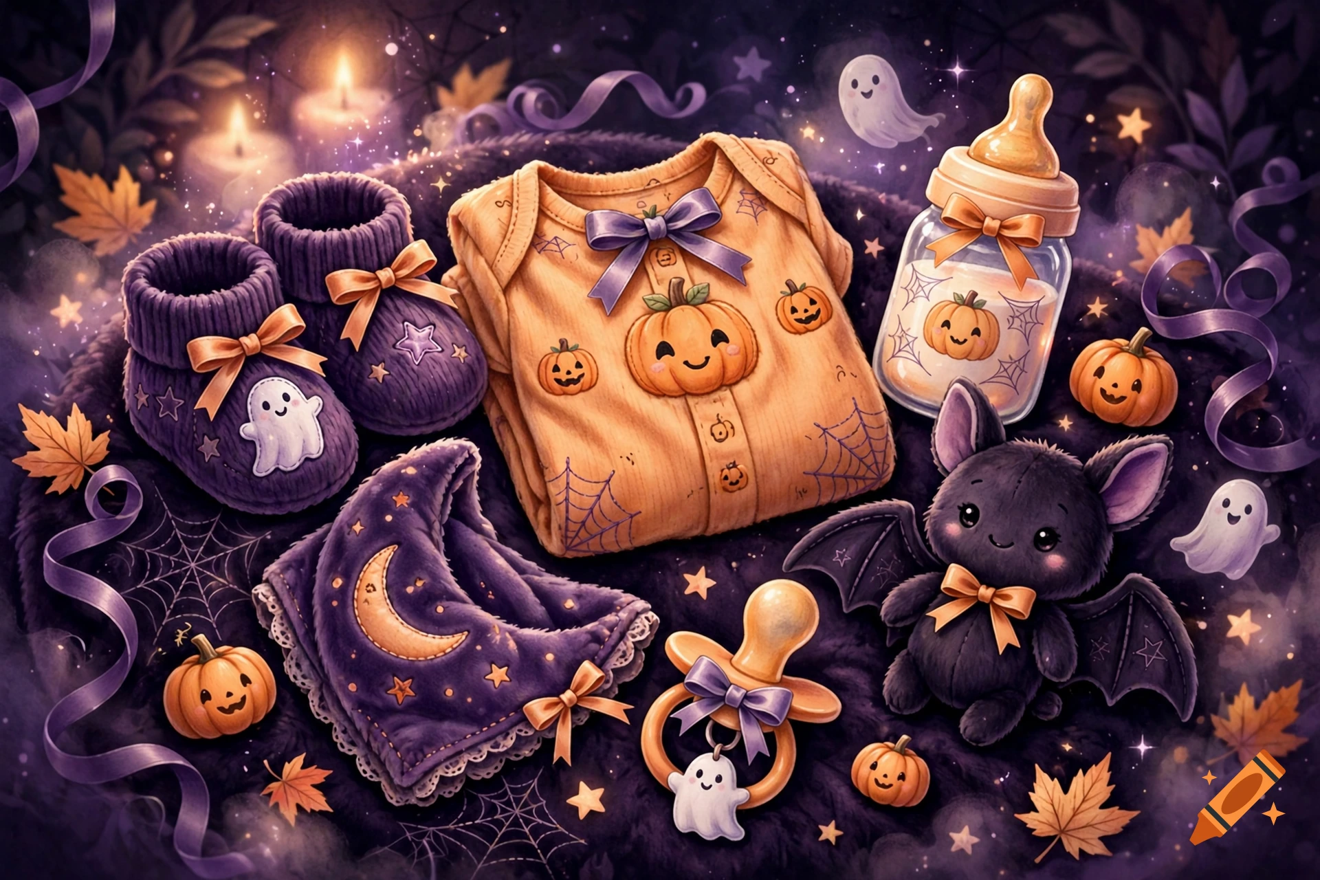 Cute Halloween-themed baby items including a romper, booties, bib, pacifier, and toy bat in purple and orange.