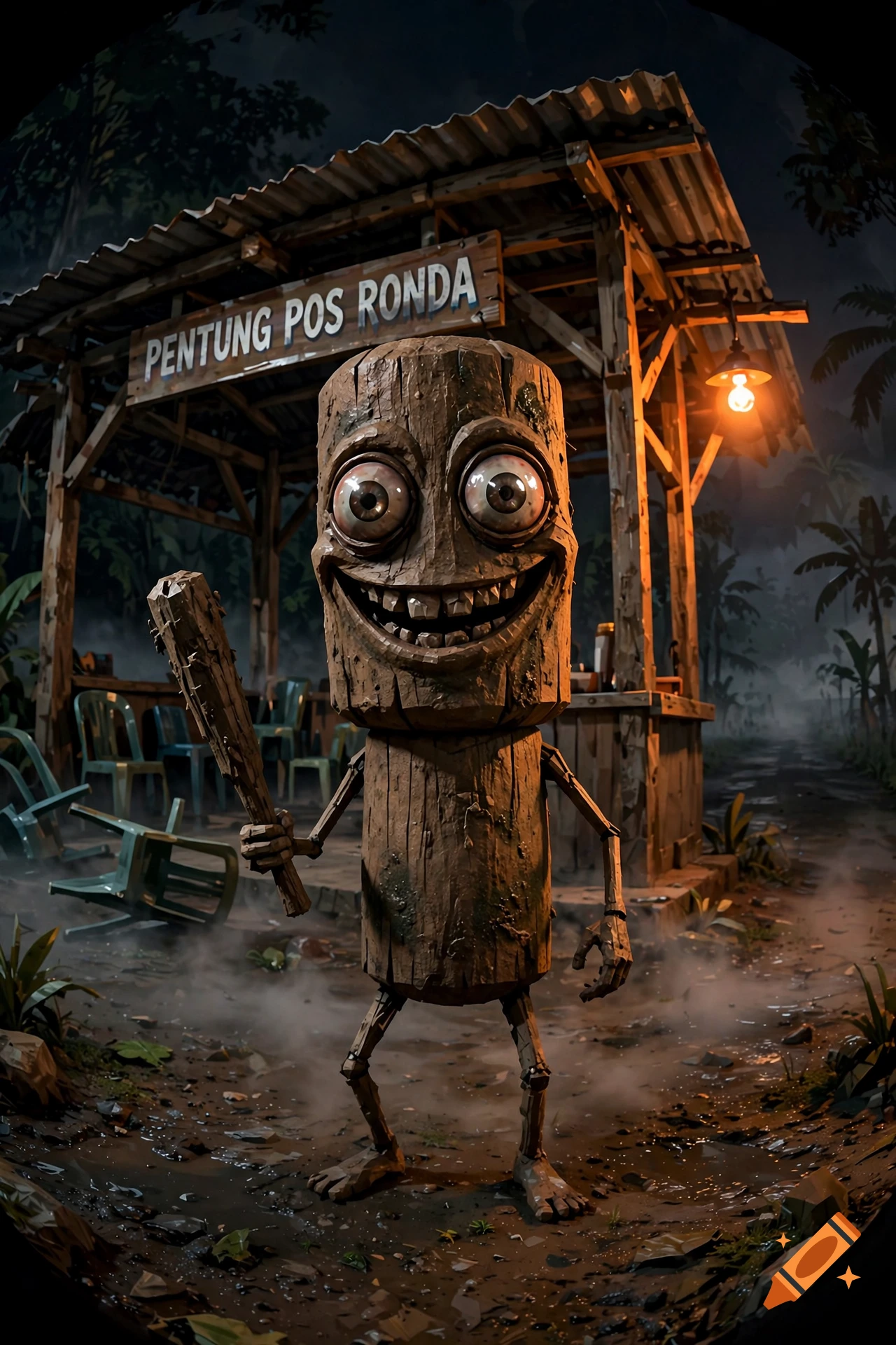 Creepy wooden cylindrical character with bulging eyes and a bat, standing at a rural shelter at night, 3D render.
