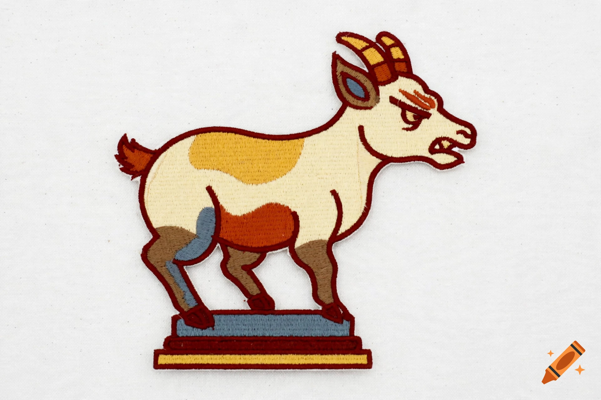 An embroidered patch of a stylized fantasy dahu animal standing on a pedestal, featuring colorful stitching on a white background.