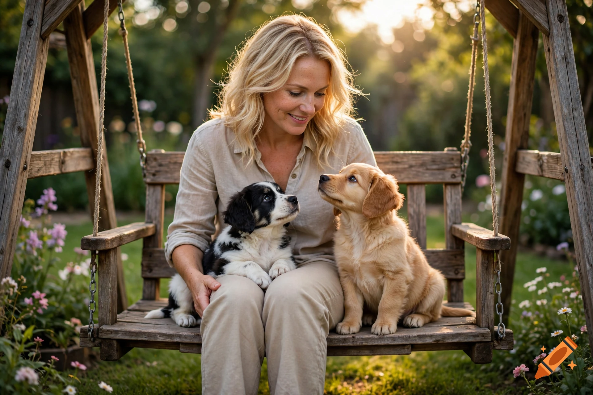 Photorealistic image of a blonde woman sitting on a wooden swing outdoors, holding two puppies, one black and white and one golden.