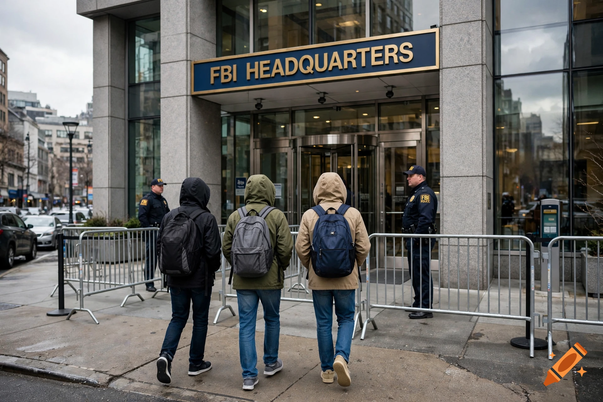 Three teenagers with backpacks walking towards the entrance of the FBI Headquarters, flanked by security officers.