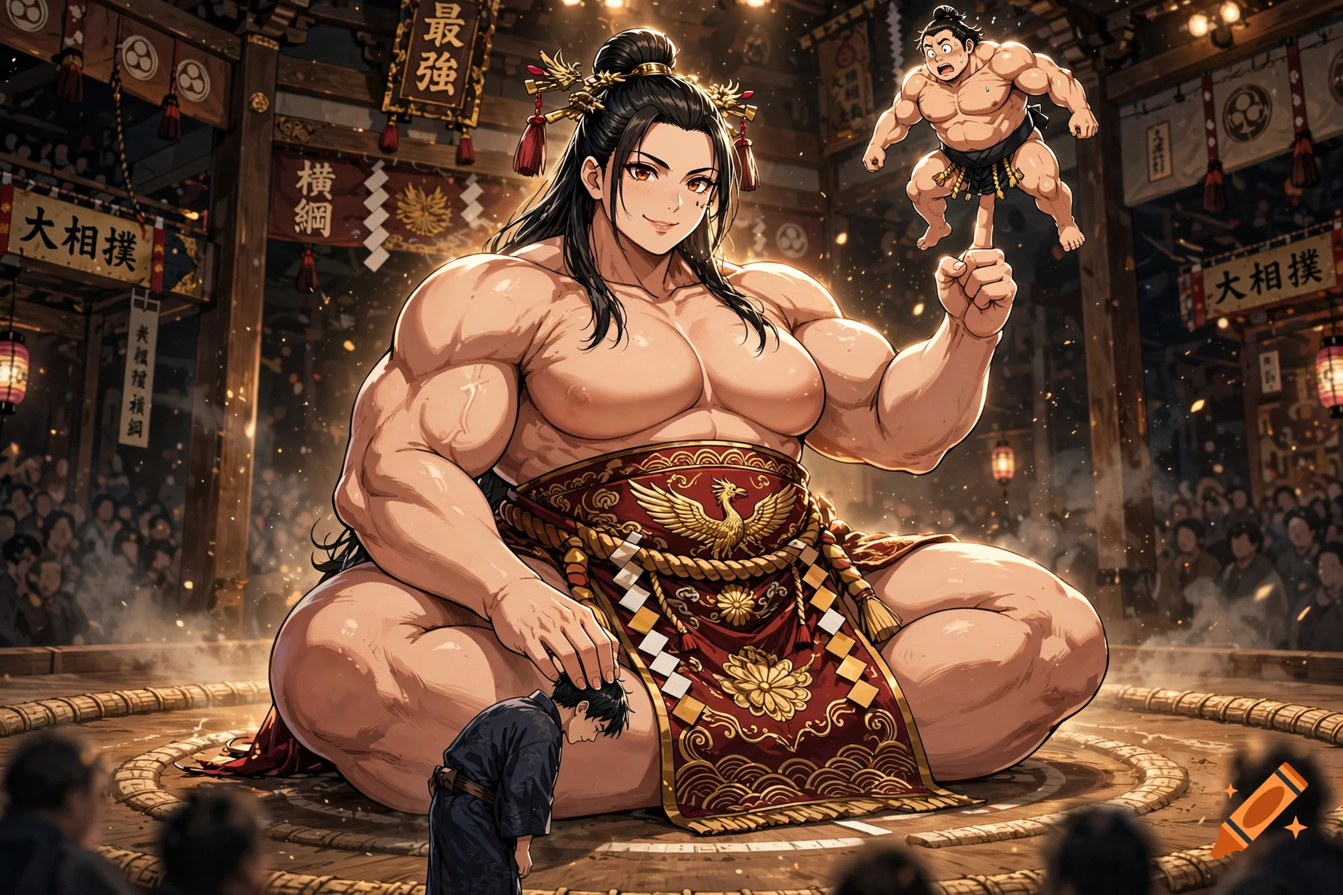 An anime-style giant female sumo wrestler smiling while patting a bowing man's head and balancing a smaller male sumo wrestler on her finger.