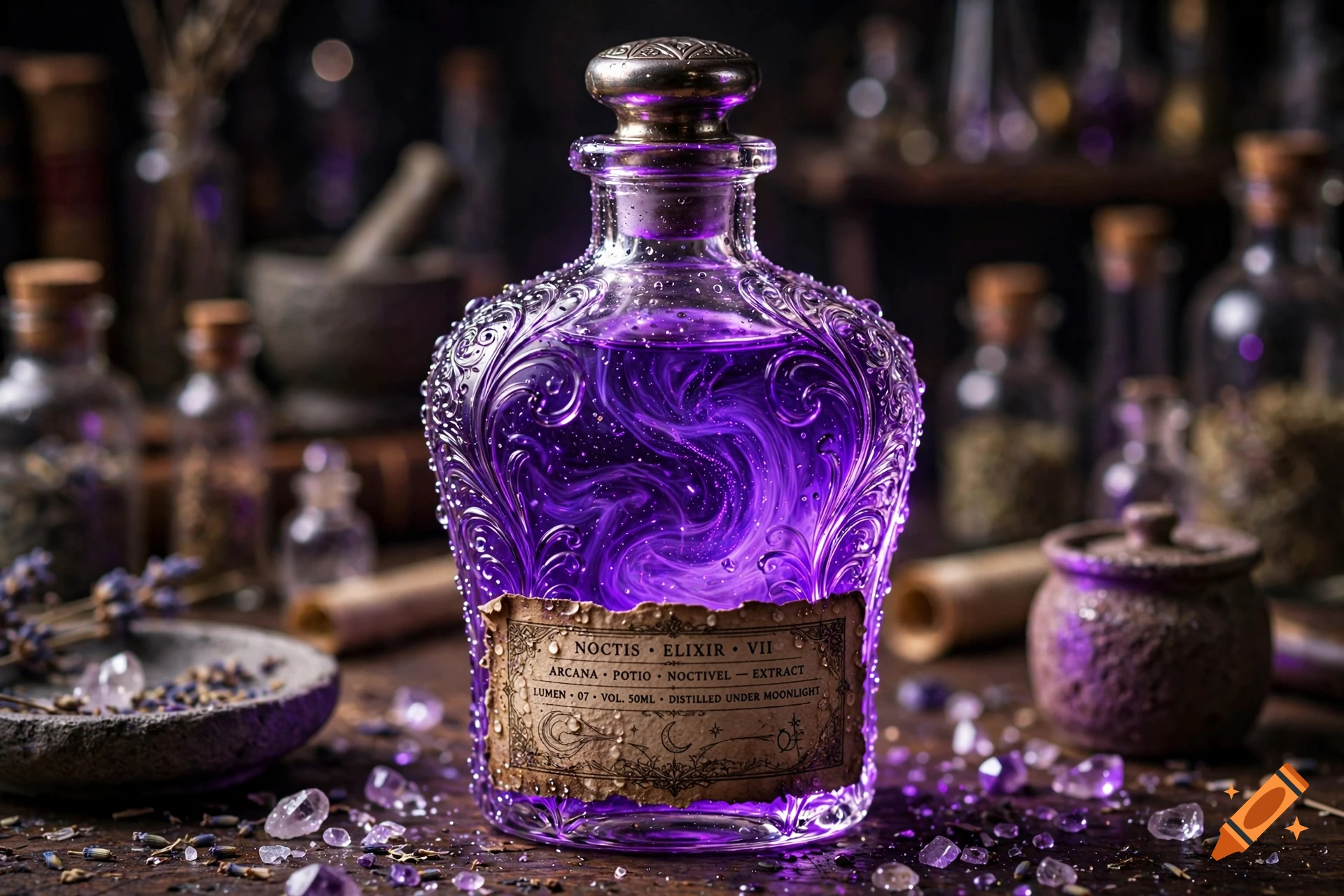 An ornate glass bottle filled with glowing purple magical elixir, surrounded by herbs, crystals, and small potion vials on a wooden table.