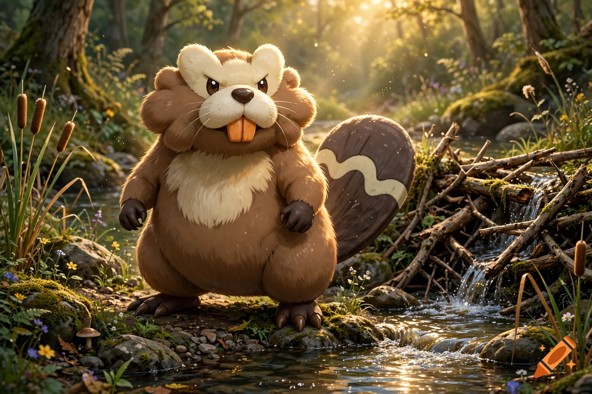 Digital illustration of a Bibarel standing near a forest stream with a beaver dam in the background, warm sunlight.