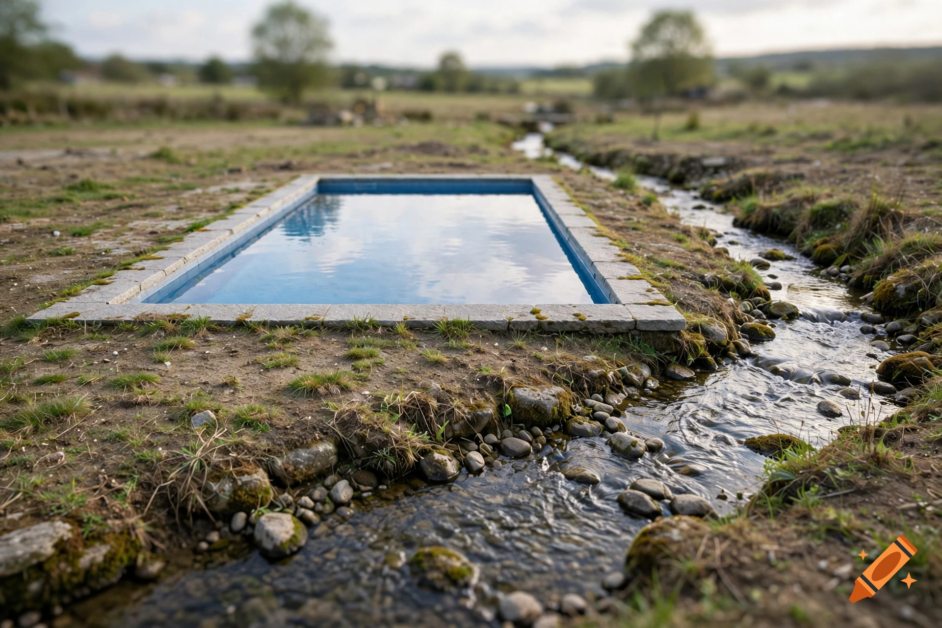 A rectangular stone-bordered swimming pool sits outdoors next to a flowing rocky stream in a rural grassy landscape under an overcast sky.