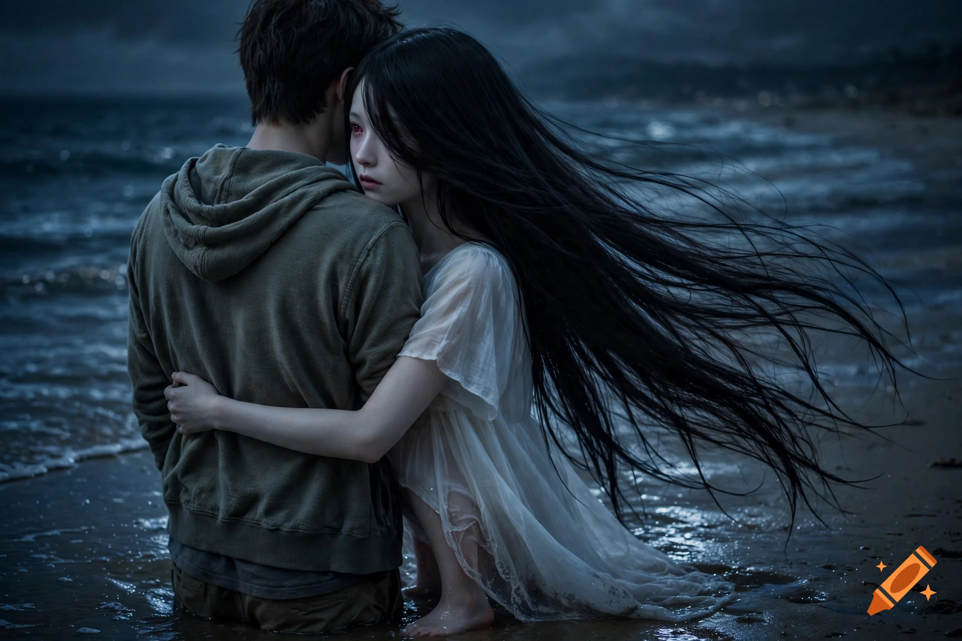 A dark J-horror scene on a midnight beach where a pale woman with long black hair hugs a young man.