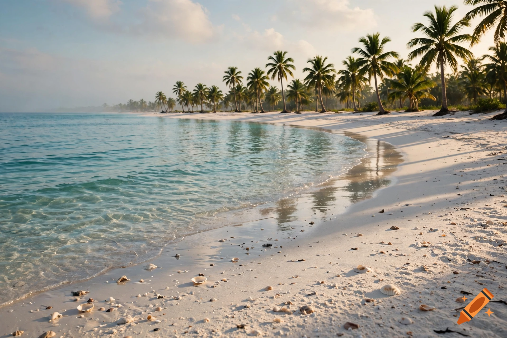 Photorealistic tropical beach with white sand, turquoise water, and palm trees along the coast.