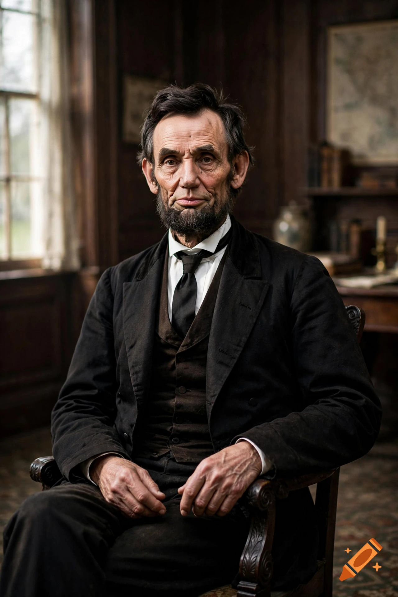 Photorealistic portrait of Abraham Lincoln sitting in a wooden chair inside a vintage room.