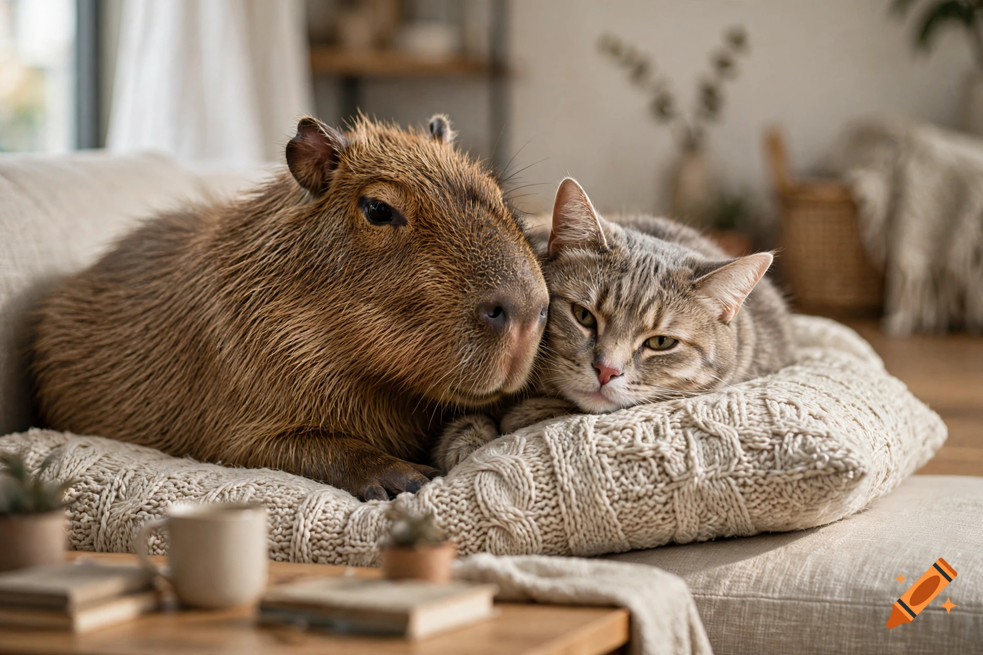 A capybara and a tabby cat cuddling together on a knitted pillow in a cozy living room, photorealistic.