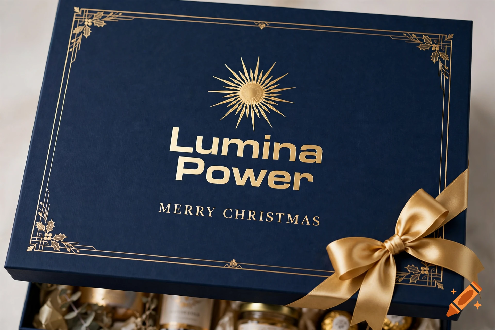 A dark blue gift box with gold foil accents, a sunburst logo, 'Lumina Power' and 'MERRY CHRISTMAS' text, and a gold satin bow.