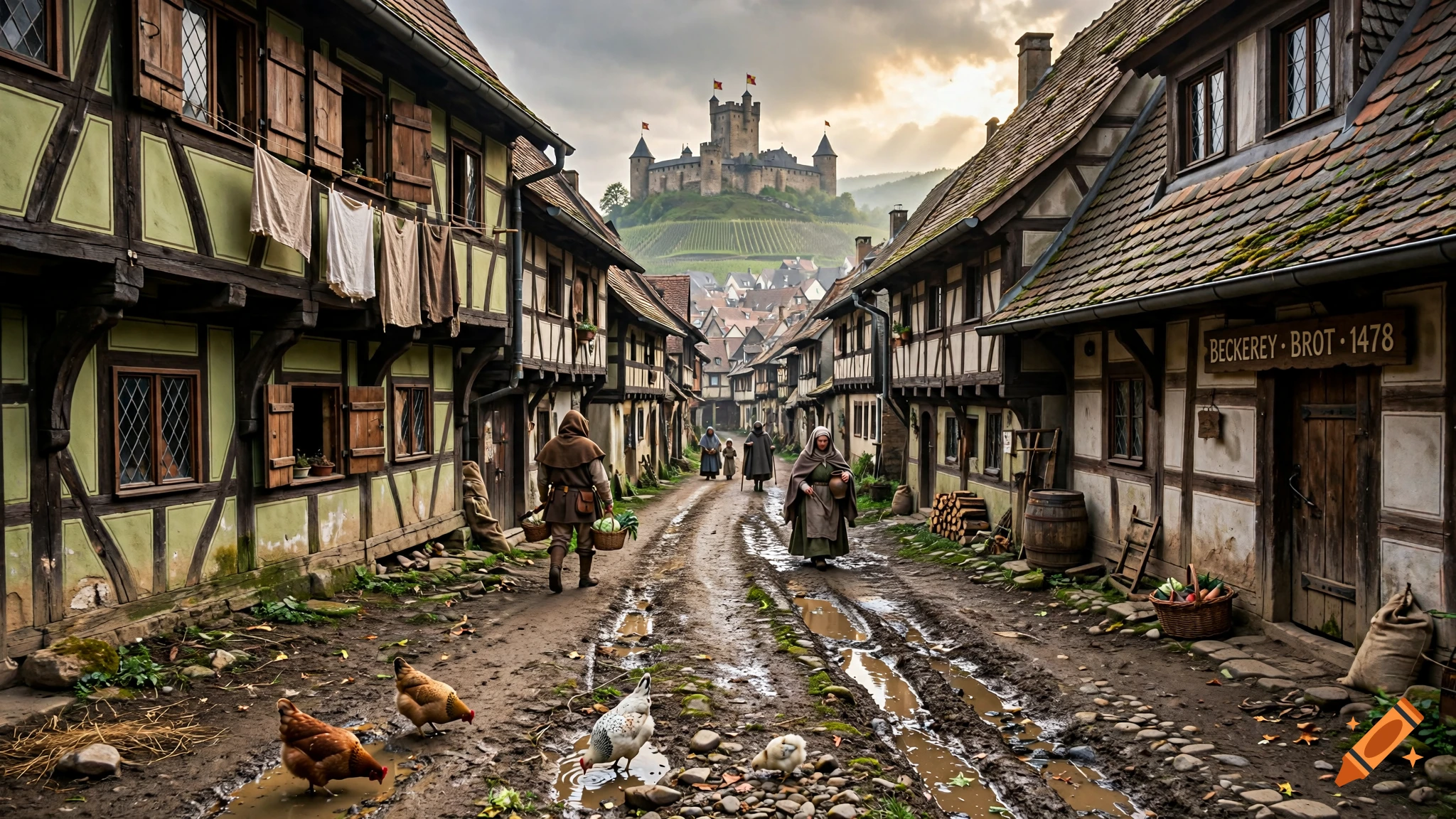 Photorealistic medieval German street scene with half-timbered houses, a muddy road, villagers, and a castle on a hill.
